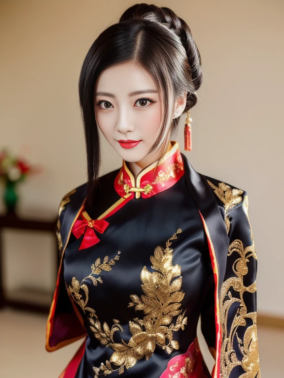 woman 25 years old, I pulled my hair up into a ponytail., Chest circumference 36 inches,In a black and gold dress Various action poses, Cheongsam, Chinese dress, Chinese style, Chinese dress, traditional chinese, with ancient Chinese clothes, traditional chinese clothing, blue silk clothes, black and red, Wear a luxurious silk dress., Chinese woman, Tailoring a suit according to tradition, Dark gold clothing, Chinese girl, traditional outfit, wearing a red Cheongsam ภาพ 3D, 8k, High Definition Anime