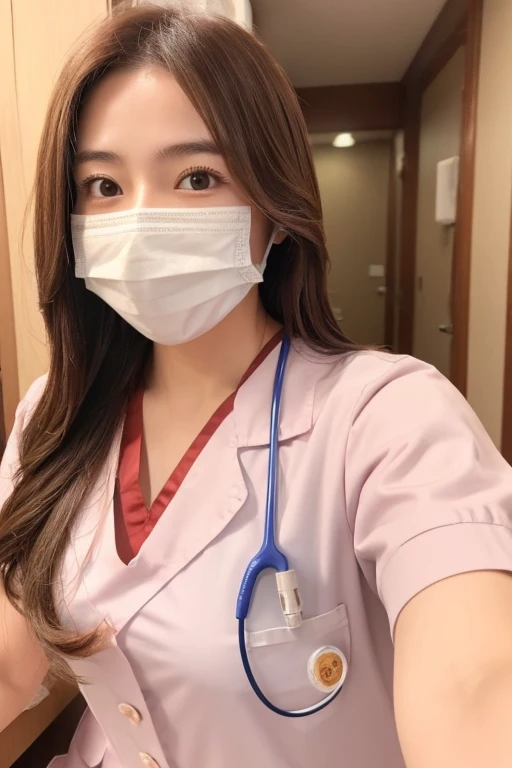 One girl, Japanese, cute sister, nurse, semi-long hair, brown hair color, nurse clothes, wearing a mask, selfie, background in hospital, realistic girl, top quality image,