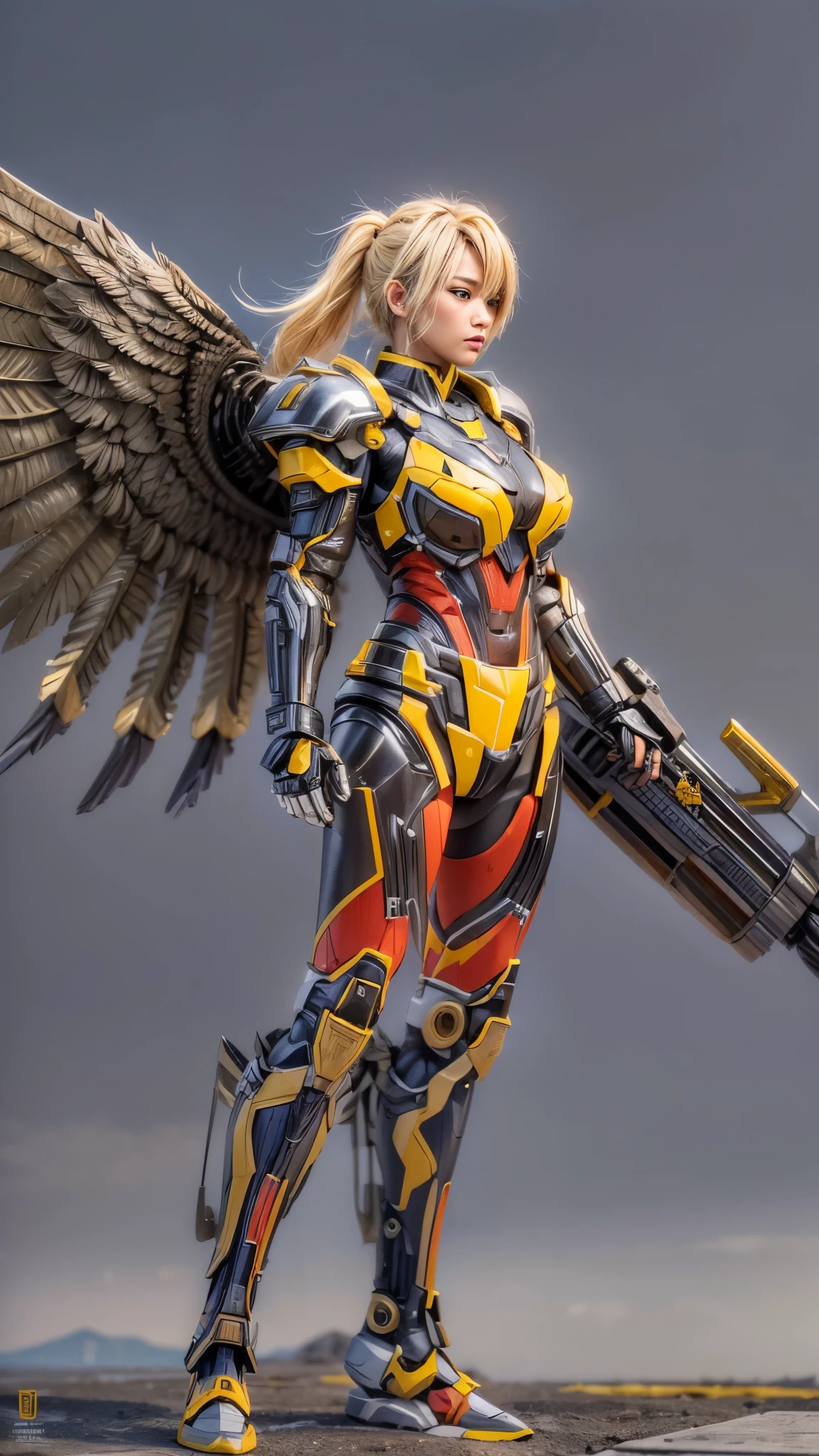 (top-quality:1.2, masterpiece), ultra high resolution, (Photorealsitic:1.4),, (bird-type mechanical heavy armor), (mechanical armor:1.3), bronze base with silver and red accent, 1 Japanese female soldier, extremely realistic face, (yellow hair), ((ultimately intricate all details)), (whole body picture), realistic shadow, octan render, 8K, ultrasharp, character edge light, Details of complex ornaments, Hydraulic cylinder, power cable, dystopia with a beautiful view at night, fighting pose