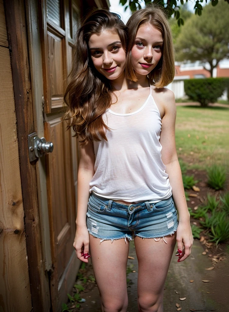 2heads, two headed girl, (one head 12 year old girl:1.5), (one head 17 year old girl:1.5), (one brunette and one redhead:1.4)