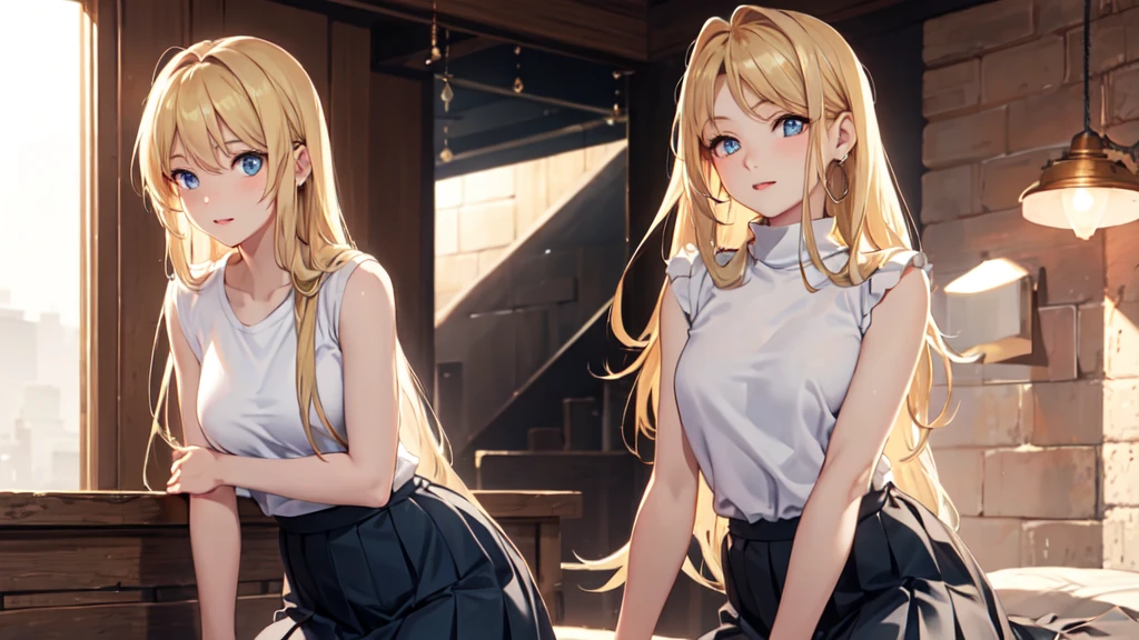 ((best quality)), ((masterpiece)), (detailed), Perfect face,winry rockbell, winry rockbell, blue eyes, Blonde Hair, off and on long hair, skirt, shirt, Jewel-like, white shirt, pleated skirt, ear nipple ring, Sleeveless, blue skirt, arms, Sleeveless shirt, off and on indoors, off and on looking at viewer, off and on (masterpiece:1.2), Best quality, high resolution, Unity8k wallpaper, (Implications:0.8), (Beautiful and delicate eyes:1.6), Extremely detailed face, perfect ligthing, 极其detailed CG, (Perfect hands, perfect anatomy),