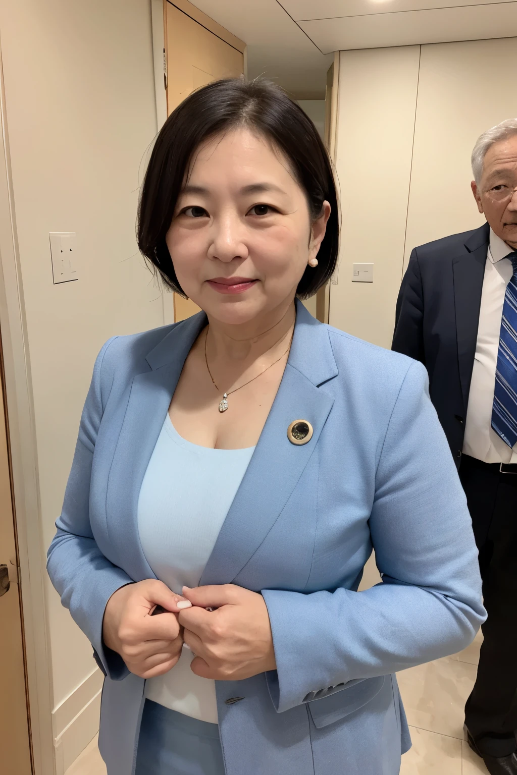 a mature and beautiful japanese woman in her 50s, anti-gravity environment, small breasts, sexy cleavage, full body focus, delicate lines, beautiful lips, wearing red lipstick, low ponytail, politician, member of parliament, national parliament, wearing suit, (best quality,8k,highres,ultra-detailed,photorealistic:1.37),(mature woman,lady,mature aged woman,55 year old married woman)