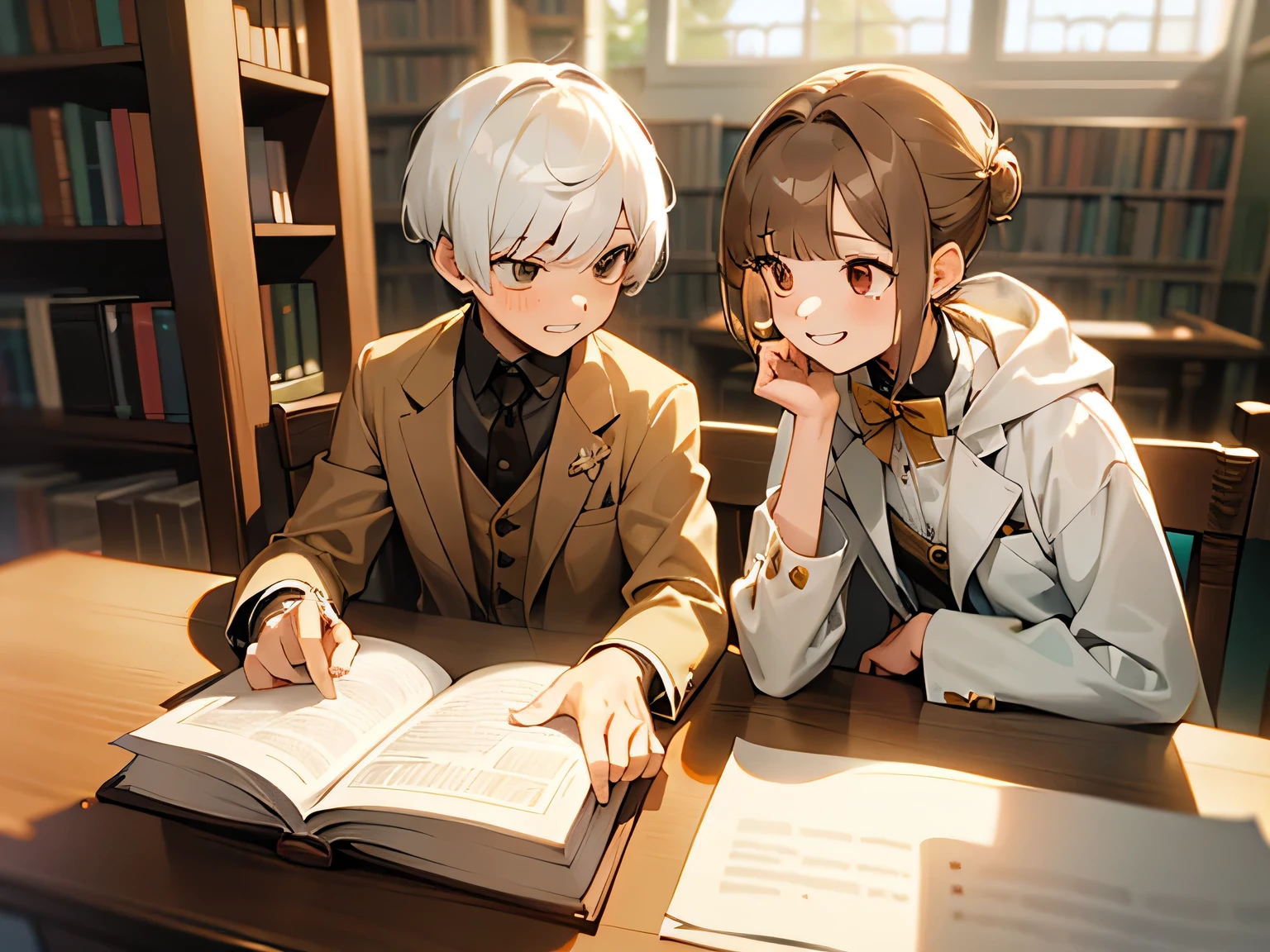 masterpiece, detailed, girl and boy at a library , girl and boy stadying something , ( 1 girl and 1 boy:1.3 ) , girl and boy focus , white hair boy , ( boy with white color short hairstyle:1.3 ) boy's bangs are even , ( girl with brown color single chignon hairstyle:1.3 ) , girl with blunt bangs, (school uniform , blazer on white hoodie:1.2 ) , deep-red eye , surprised expression girl, grin smile boy , many books on table , (( The interior of the library with sunshine bright in ))