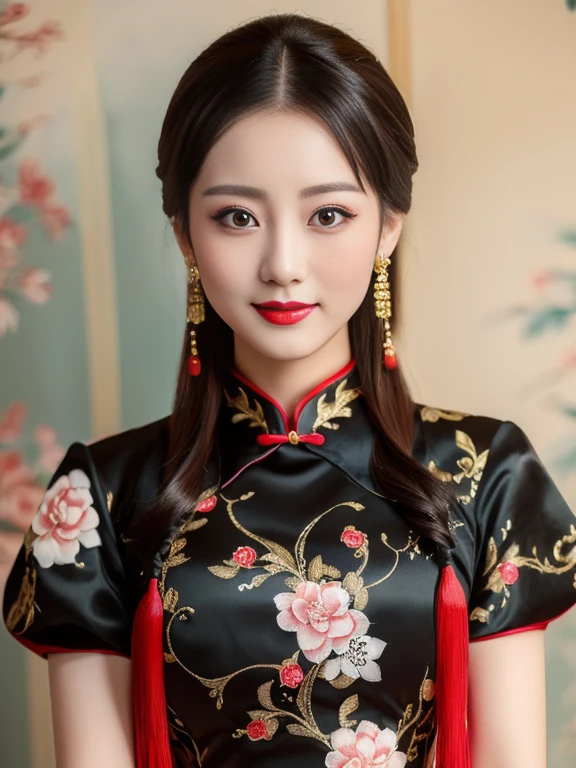 woman 25 years old, I pulled my hair up into a ponytail.,  Chest circumference 36 inches,In a black and gold dress Various action poses, Cheongsam, Chinese dress, Chinese style, Chinese dress, traditional chinese, with ancient Chinese clothes, traditional chinese clothing, blue silk clothes, black and red, Wear a luxurious silk dress., Chinese woman, Tailoring a suit according to tradition, Dark gold clothing, Chinese girl, traditional outfit, wearing a red Cheongsam ภาพ 3D, 8k, High Definition Anime
