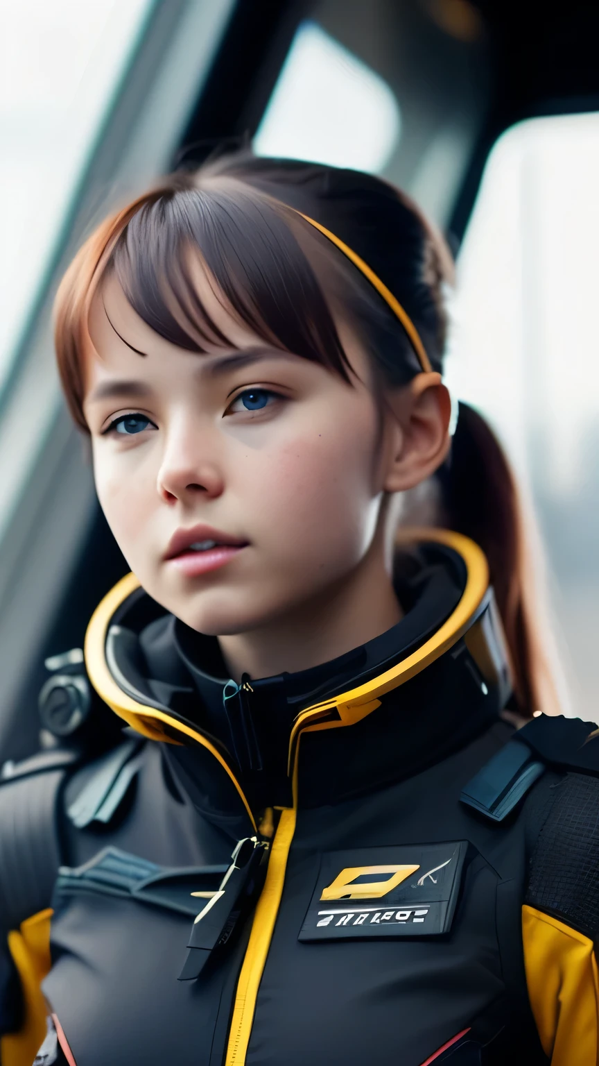 fking_scifi, award-winning photo of a girl, black flight suit with yellow accents, brown hair, (gray eyes:1.35), square jawline, asymmetric face, standing in front of a window on a space ship, 80mm, bokeh, mass effect, close up, fking_cinema_v2