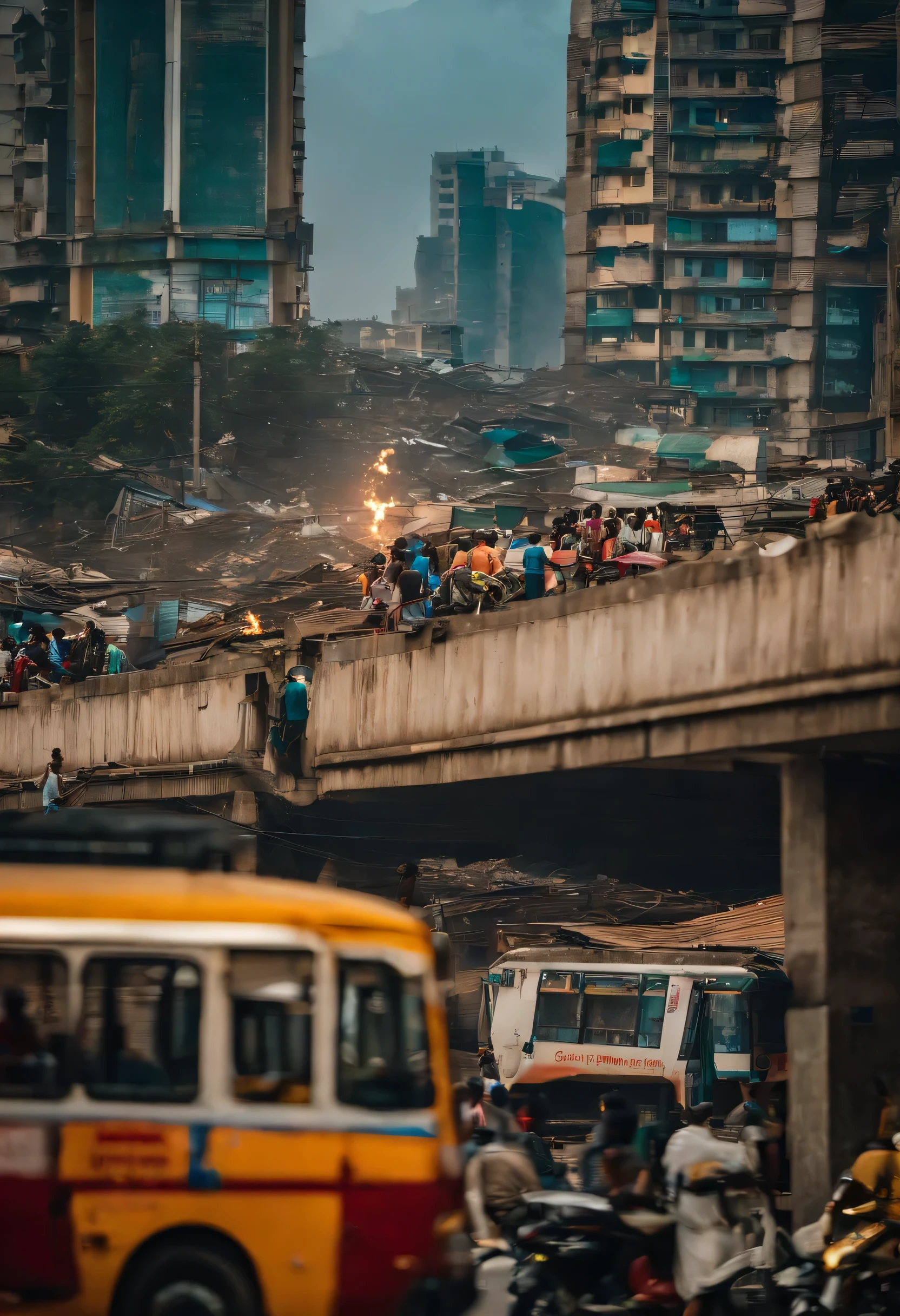 city of the banglore (india), a meta Human attack on city, chaos happened on city, destruction in big buildings, cars burning, blast in a bus, (bottom view:1.2)