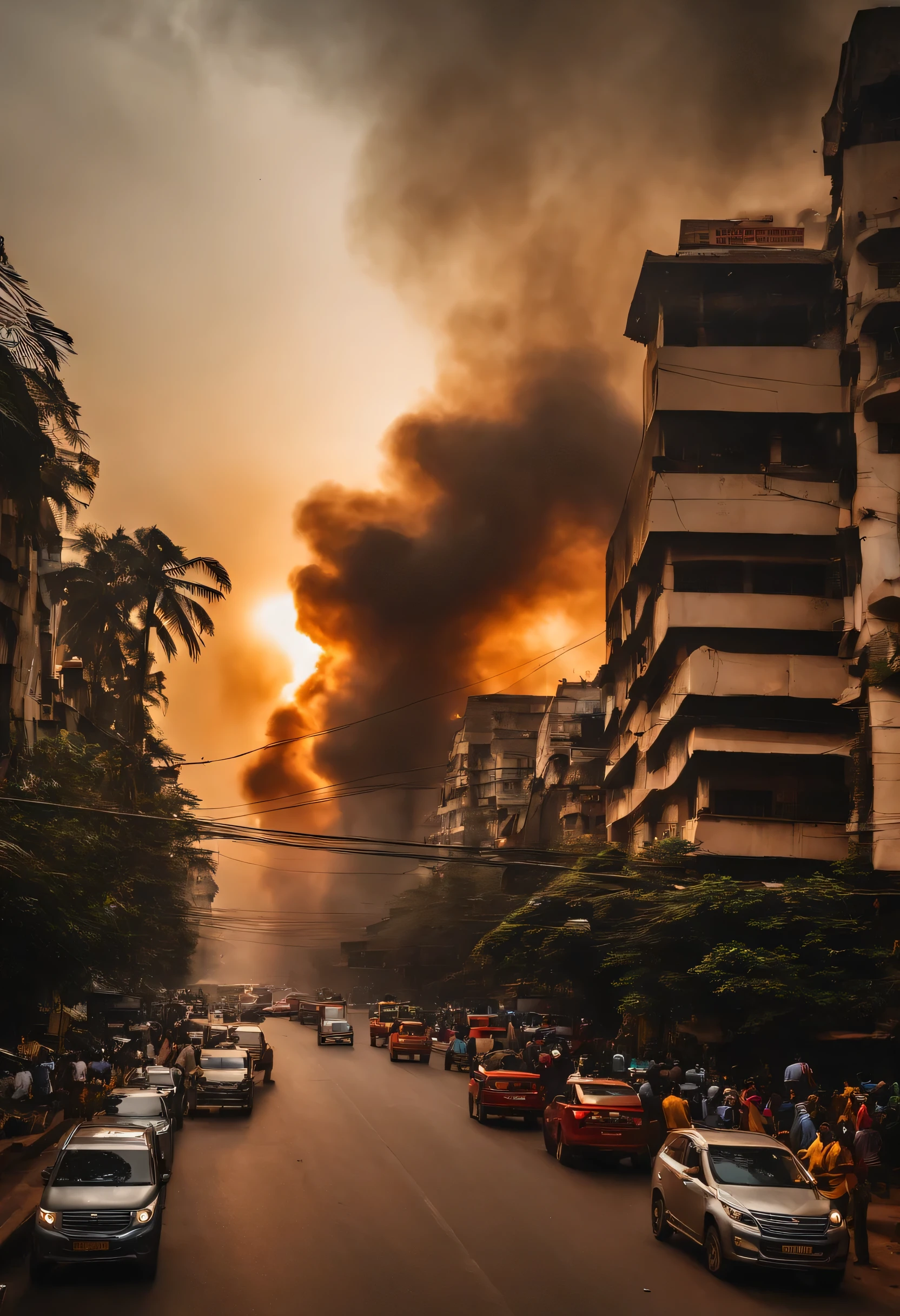 city of the banglore (india), a meta Human attack on city, chaos happened on city, destruction in big buildings, cars burning, blast in a bus, (bottom view:1.2)