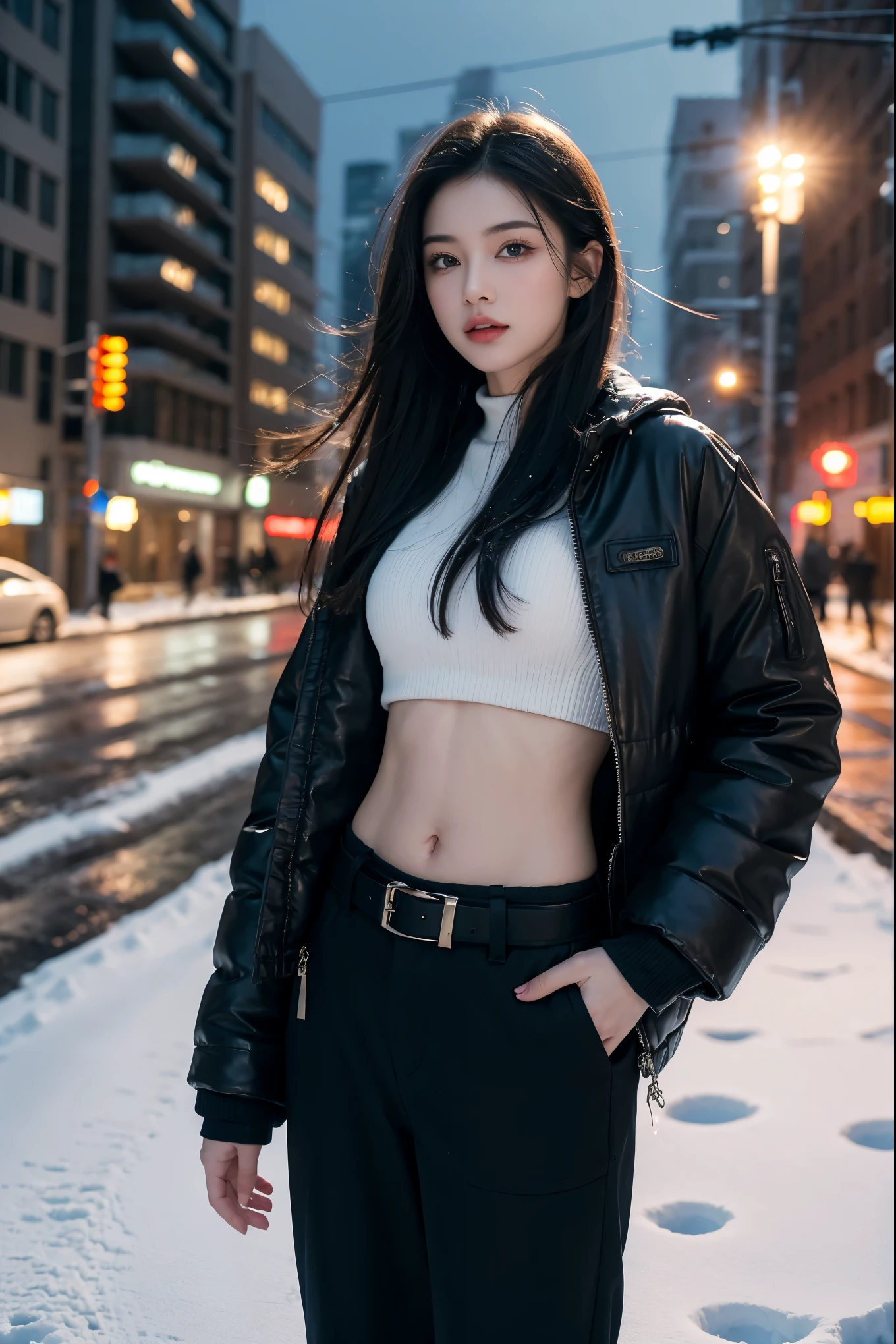 a young woman wearing a midriff-baring winter outfit,Navel down jacket, low-rise pants, and a leather belt, standing on a snowy city street, extremely detailed portrait, beautiful detailed eyes, beautiful detailed lips, extremely detailed face, long eyelashes, highly realistic, photorealistic, 8k, cinematic lighting, dramatic cold color tones, moody atmosphere, winter landscape, snow, street, buildings