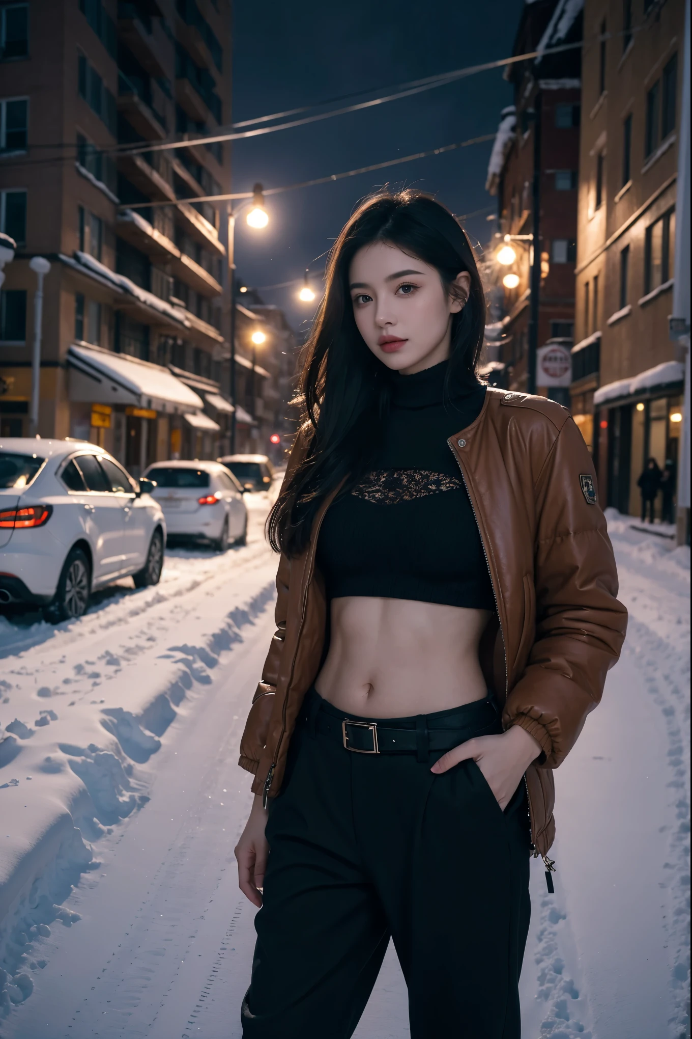 a young woman wearing a midriff-baring winter outfit,Navel down jacket, low-rise pants, and a leather belt, standing on a snowy city street, extremely detailed portrait, beautiful detailed eyes, beautiful detailed lips, extremely detailed face, long eyelashes, highly realistic, photorealistic, 8k, cinematic lighting, dramatic cold color tones, moody atmosphere, winter landscape, snow, street, buildings