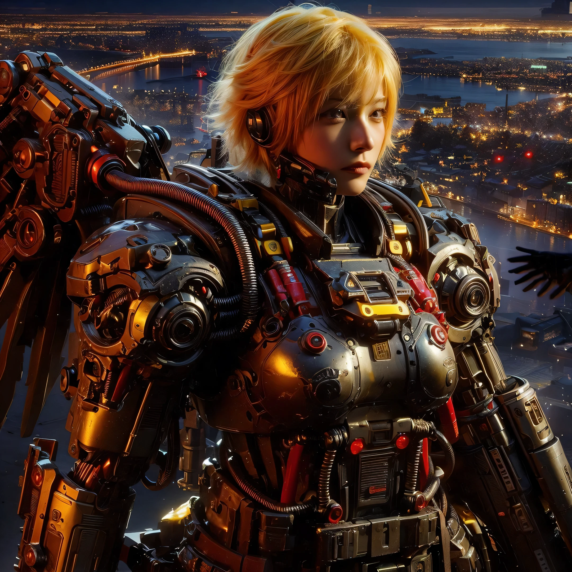 (top-quality:1.2, masterpiece), ultra high resolution, (Photorealsitic:1.4),, (bird-type mechanical heavy armor), (mechanical armor:1.3), light red base with silver and bronze accent, 1 Japanese female soldier, extremely realistic face, (blue hair), ((ultimately intricate all details)), (whole body picture), realistic shadow, octan render, 8K, ultrasharp, character edge light, Details of complex ornaments, Hydraulic cylinder, power cable, dystopia with a beautiful view at night,