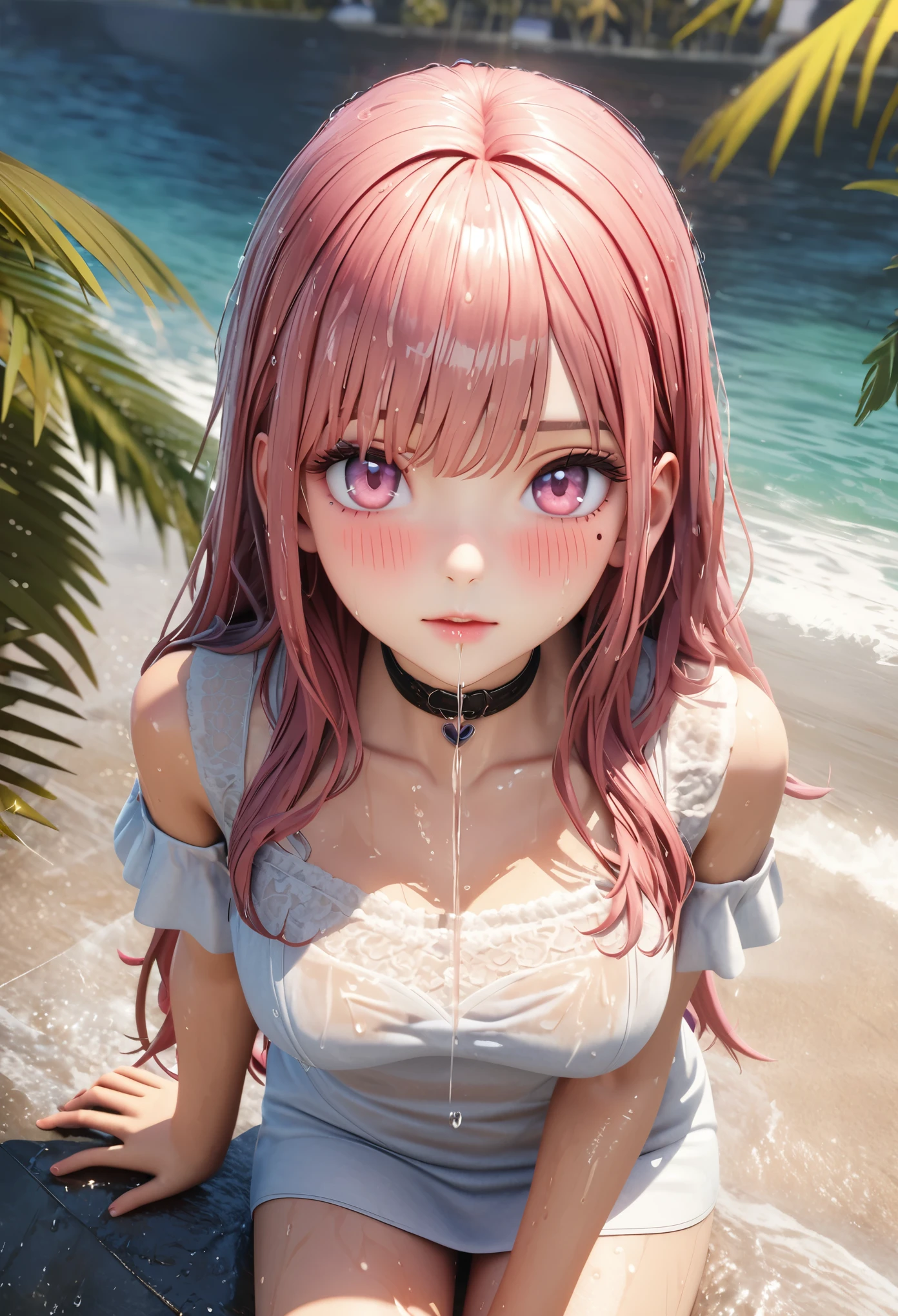 masterpiece, best quality, very detailed, high resolution, expensive resolution, high resolution, 4k, 8k, Unity 8k wallpaper, highly detailed CG, masterpiece, 2d, 3d, beautiful details, depth, fine texture, best quality: 1.3, fully focused, crispy skin, him,
Very cute anime girl, (sheer white blouse wet from pouring rain, miniskirt) (drenched and moist brown medium-long hair, rain dripping from hair), big breasts, expensive pink medium-long hair, pouring rain, soaking wet hair, soaking wet only daughter, palm trees, seaside, mole under eye, looking at viewer, expensive, blush, mole, lips open, heart, pink eyes, choker soaked from pouring rain