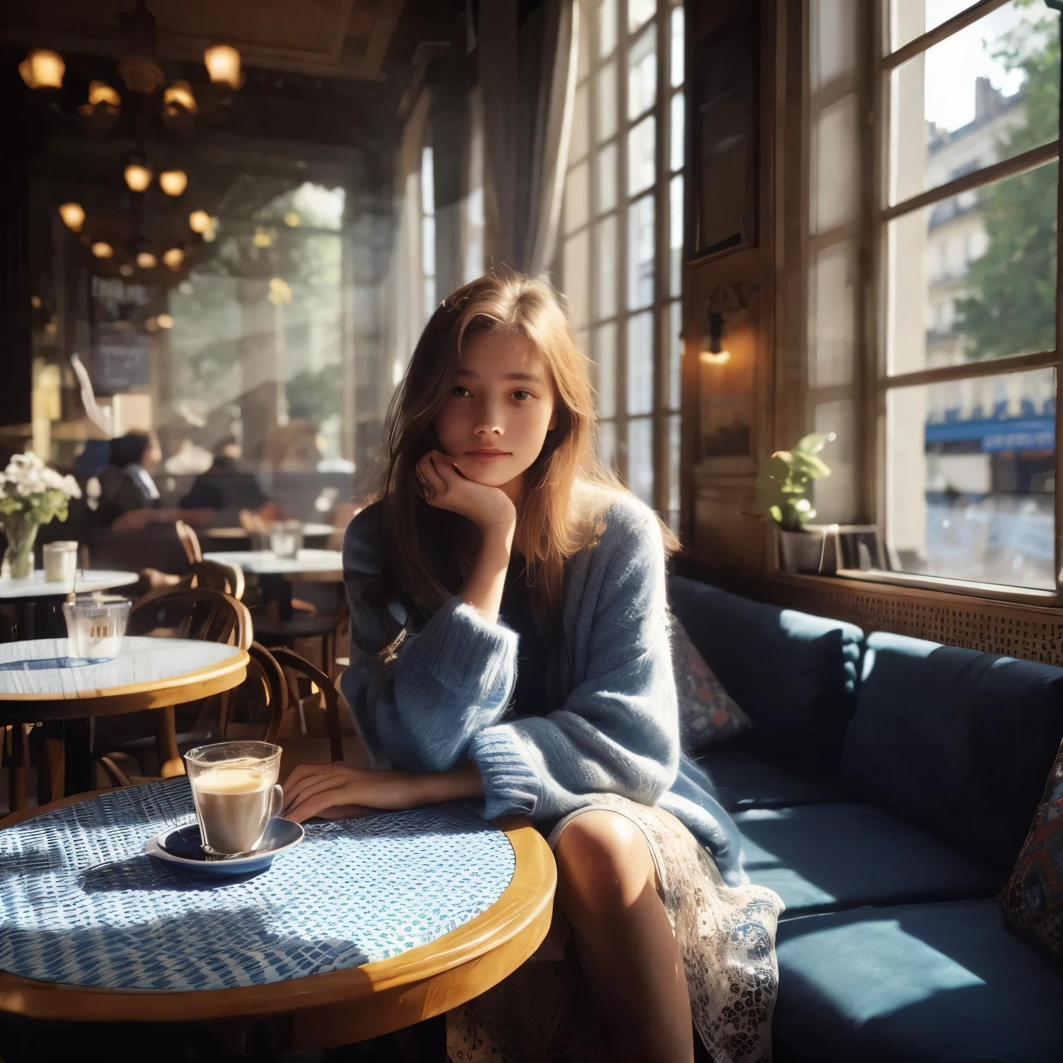 Mood photo for advertising, a  girl sitting inside a cafe, at a coffee table with blue-white-patched table cloth, Close-up selfie, in paris, morning sunshine from window, photorealistic, selfie 