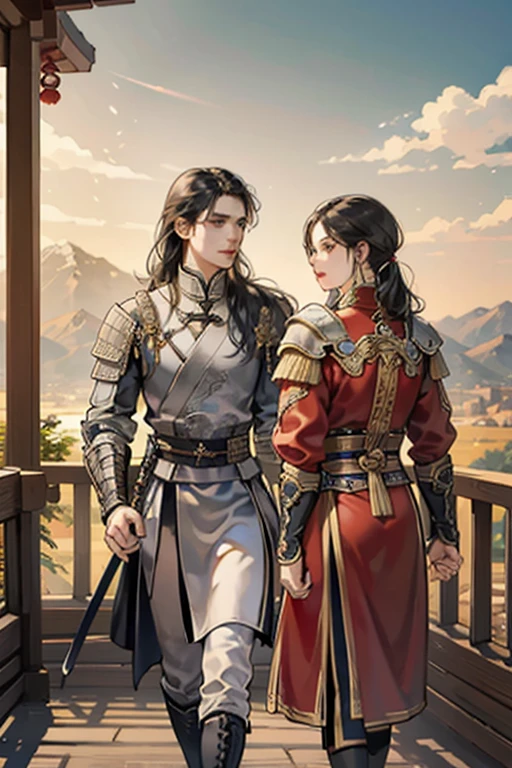 two young men in chinese armor walking down a path with mountains in the background, from three kingdoms, still from a live action movie, still from a fantasy movie, the rider carries a large sword, scene from live action movie, the great wall, three kingdoms, alessio albi and shin jeongho, mongol, film still dnd, chinese armor
