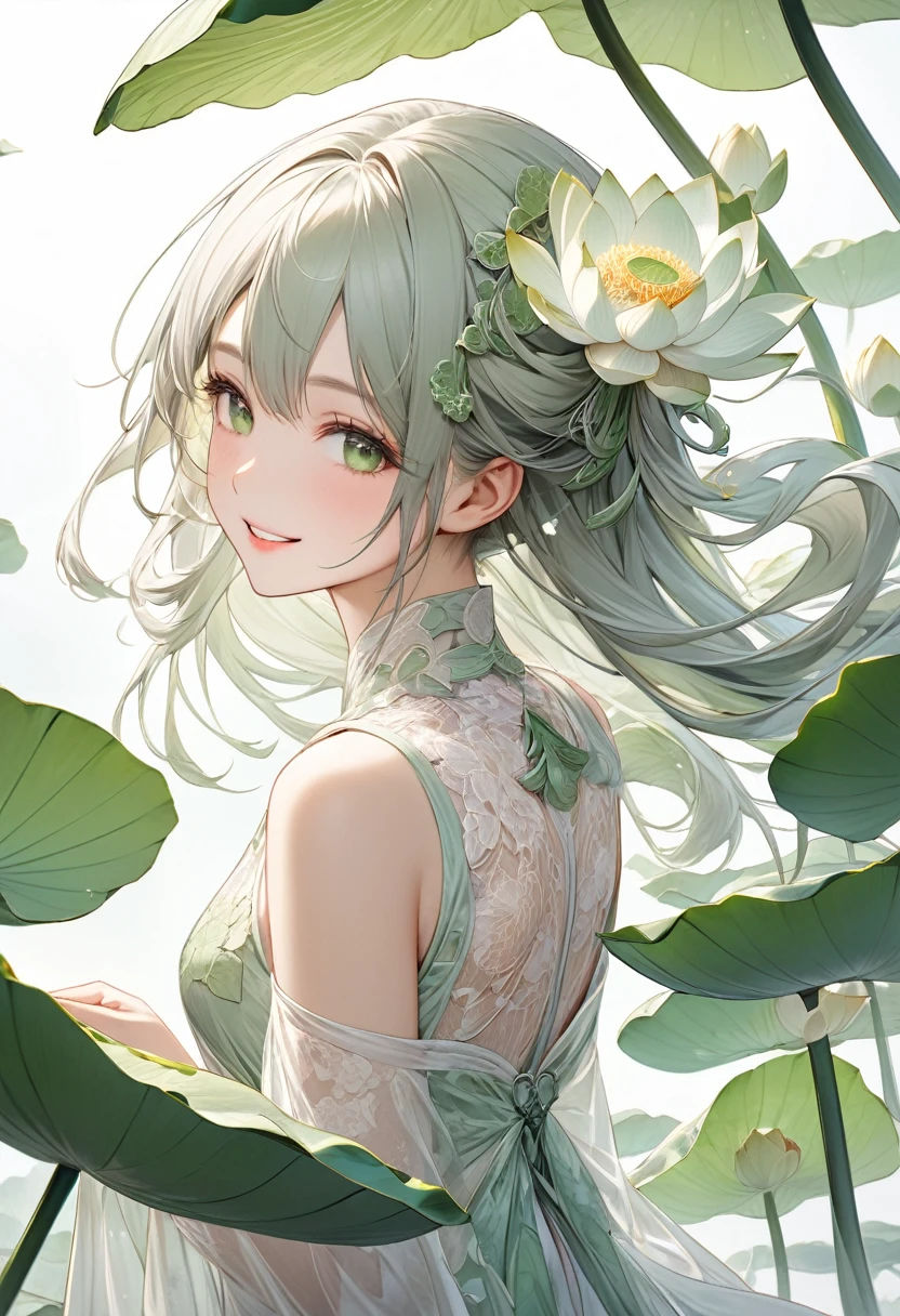      beautiful girl(Smile)She has beige and white flying hair and wears soft and delicate white lace.( clear texture)dress stands with many huge white lotus flowers(Faintly transparent)and(light green transparent)Sideways between lotus leaves，look back，工筆水彩畫  水花渲染 clear texture

               最好的品質，masterpiece，Extremely complex and exquisitely detailed, ultra-detailed fantasy characters, Ultra-detailed digital art, Overly detailed digital art 