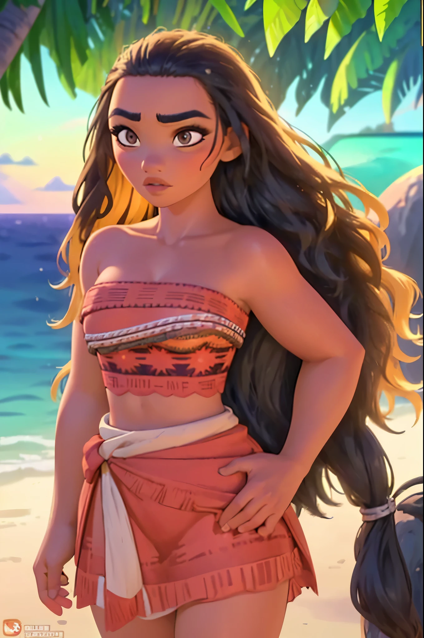 A beautiful young woman (1 girl), Moana, with long flowing hair, wearing a revealing tropical outfit, looking mature and alluring at 25 years old, (detailed eyes, detailed lips, extremely detailed face), intricate detailed portrait, photo realistic, 8k, highly detailed, cinematic lighting, warm color palette, tropical paradise background, detailed foliage, detailed ocean waves, golden hour lighting, dramatic lighting, dramatic pose, sensual, alluring, captivating gaze, photorealistic, masterpiece