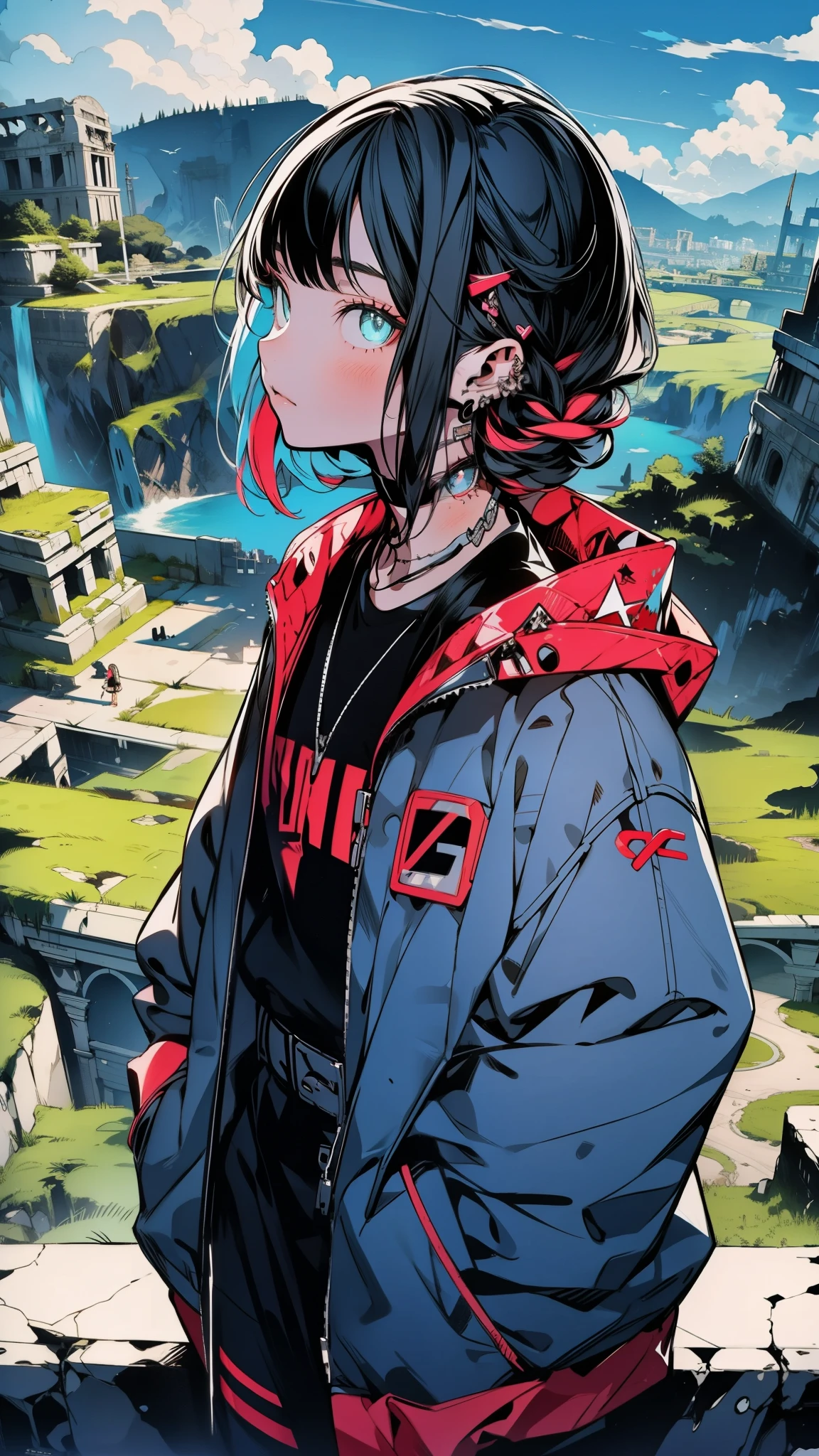 thin outlines, anime style, cool and edgy, A young girl standing at the edge of a cliff, overlooking a vast, mystical landscape filled with ancient ruins and futuristic structures, a mix of past and future, dramatic lighting, epic scale, internet-inspired textures, elements of randomness like digital glitches in the scene, fashionable, posing, colorful, confident, expression, accessory, coiled, around, stylish, striking, modern, fashion