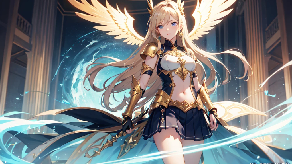 ((best quality)), ((masterpiece)), (detailed), Perfect face，winry rockbell, winry rockbell, blue eyes, Blonde Hair, off and on long hair, skirt, shirt, Jewel-like, white shirt, pleated skirt, ear nipple ring, Sleeveless, blue skirt, arms, Sleeveless shirt, off and on indoors, off and on looking at viewer, off and on (masterpiece:1.2), Best quality, high resolution, Unity8k wallpaper, (Implications:0.8), (Beautiful and delicate eyes:1.6), Extremely detailed face, perfect ligthing, 极其detailed CG, (Perfect hands, perfect anatomy),Close-up of a woman wearing a golden costume with wings, Angel golden armor, The majestic angel, angel knight girl, Final Fantasy Tactics Characters, Mysterious Atlantean Valkyrie, as a Mysterious Valkyrie, Seraph, Maple Leaf Story Character Art, With fiery golden wings, Golden Wings, April Rendering, Mysterious Valkyrie, Close-up of a woman wearing a golden costume with wings, Concept art inspired by PwC, pixiv, Baroque, Angel golden armor, The majestic angel, angel knight girl, Final Fantasy Tactics Characters, Mysterious Atlantean Valkyrie, as a Mysterious Valkyrie, Seraph, Maple Leaf Story Character Art, With fiery golden wings, Golden Wings, Battle with the orcs