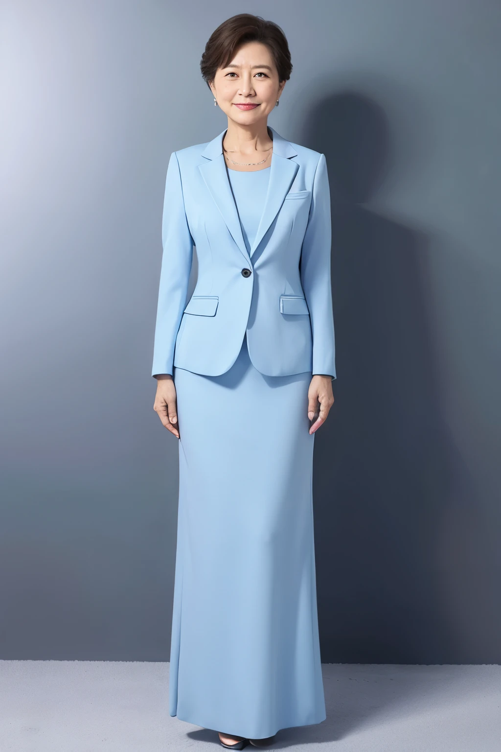 politician、ID photo、woman、Light blue formal wear、grandmother、1 person、whole body、Facing straight ahead、
