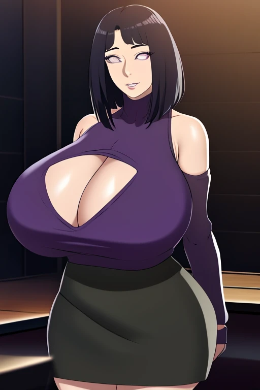 masterpiece,wide eyes, half closed eyes, absurdres, hinata\(boruto\), 1girl, solo,mature female, minidress, perfect composition, detailed lips, gigantic breast, beautiful face, body propotion, short hair,  purple eyes,  soft gaze,  super realistic, detailed, photoshoot, realistic face and body, black turtleneck, (gigantic breasts: 1.1), curvy, cowboy shot, bare shoulders, seductive smile, inside, nightclub, cleavage, (gigantic breasts: 1.4),black tight skirt 