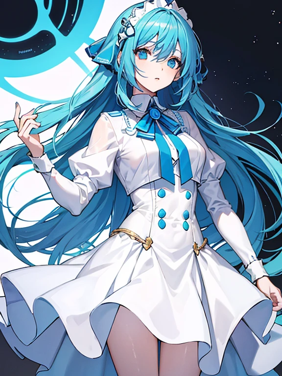 Personaje femenino con cabello azul, tez Blanca, y un vestuario inspirado en los videojuegos, coffee in the eyes
