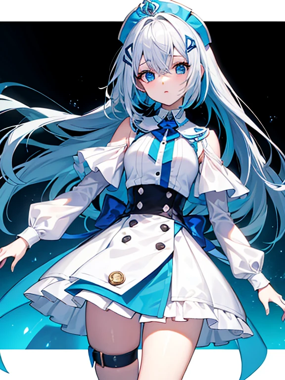 Personaje femenino con cabello azul, tez Blanca, y un vestuario inspirado en los videojuegos, coffee in the eyes