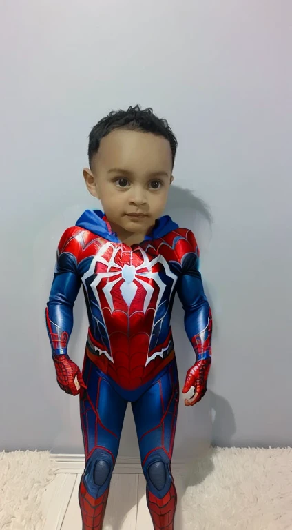 "Hyper-realistic painting of a 6-year-old boy wearing the Spider-Man suit with mask, mostrando sua  roupa de homem aranha. Impressive precision in high-resolution detail. (pintura, rosto, superhero outfit, alta qualidade)"