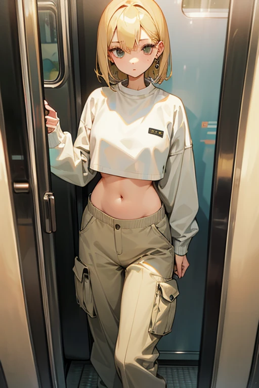 Beautiful woman、White cotton sweatshirt、Oversized loose cargo pants、Medium hair、Earrings、Blonde、on the train、、slender、low length、Black innerwear、Her belly button is just a little visible.