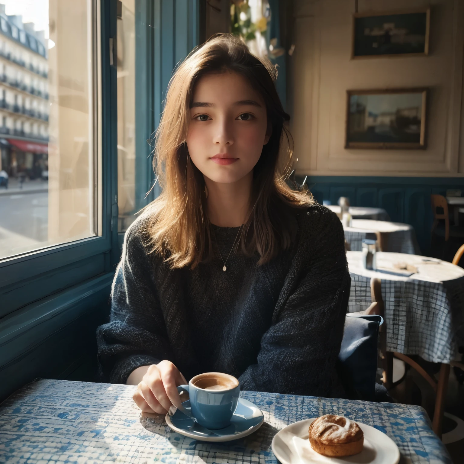 Mood photo for advertising, a 16 yo girl sitting inside a cafe, at a coffee table with blue-white-patched table cloth, Close-up selfie, in paris, morning sunshine from window, photorealistic, selfie 