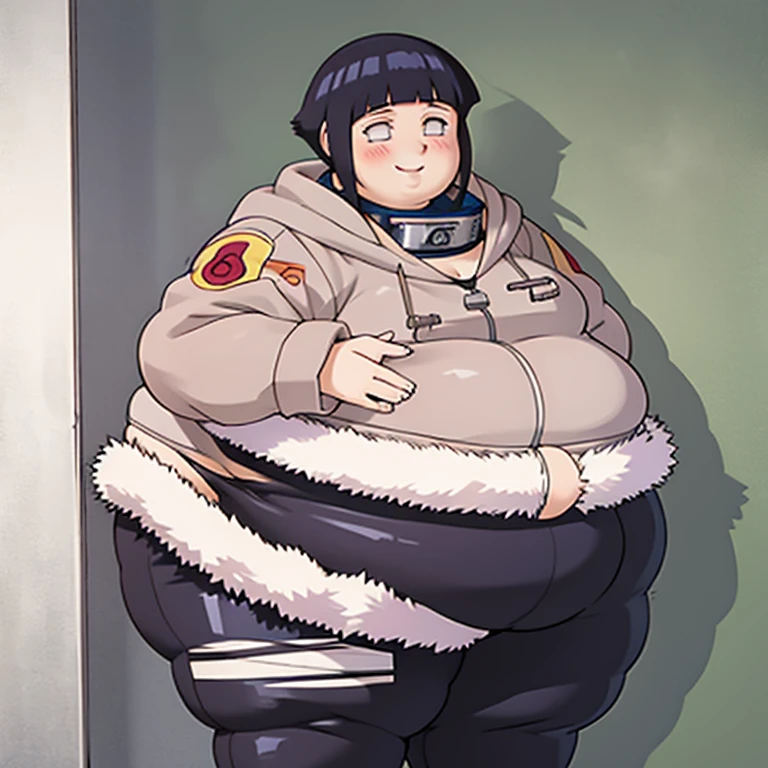 standing, shy, smile, blush, solo, 1girl,  Slob hyuuga hinata, very thick thighs, obese arms, obese belly, big cheeks, Slob body, black hair, short hair, white eyes, no pupils, small breats, black pants, jacket, ultra detailed, masterpiece, best quality, aesthetic, detailed