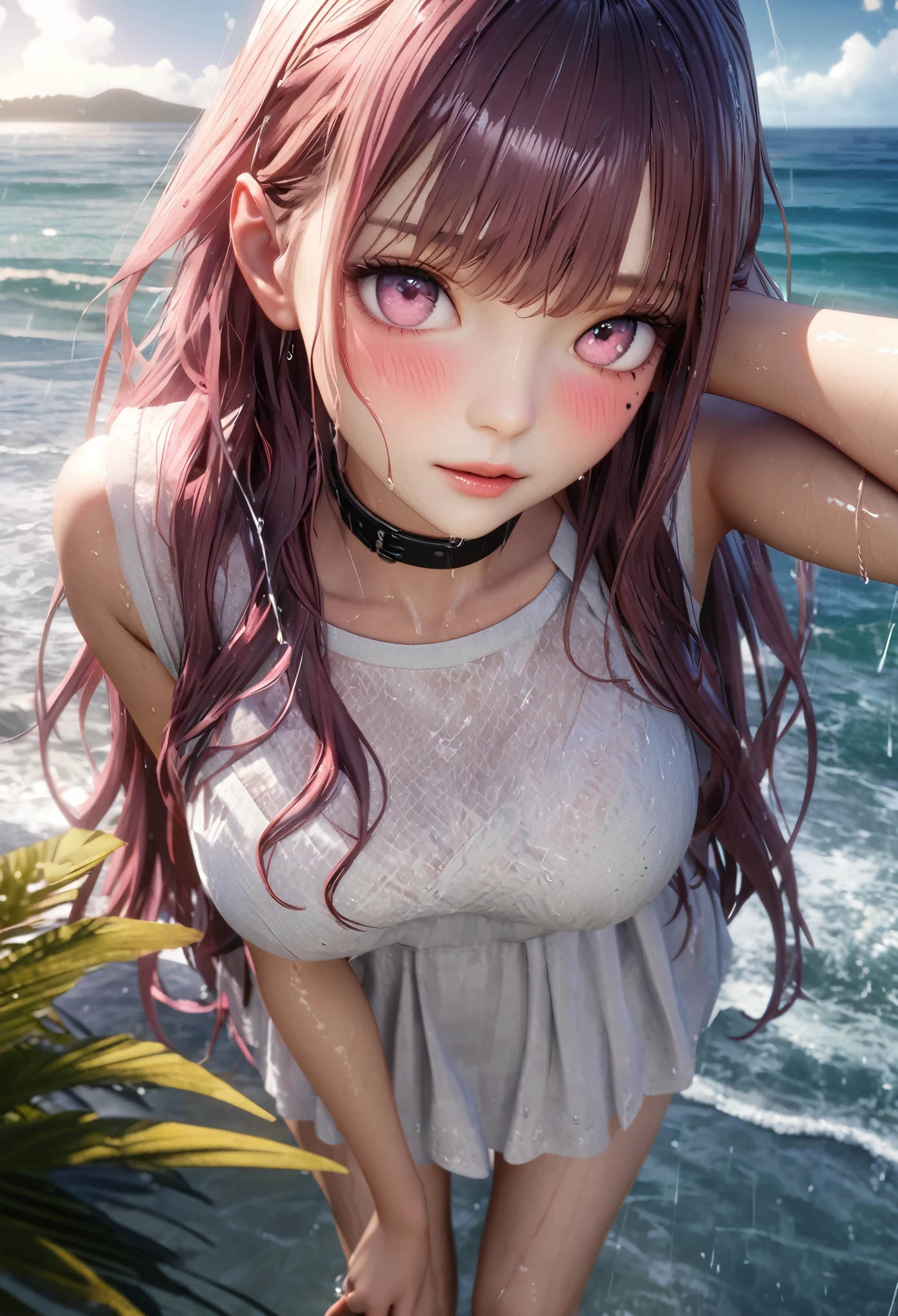 masterpiece, best quality, very detailed, high resolution, expensive resolution, high resolution, 4k, 8k, Unity 8k wallpaper, highly detailed CG, masterpiece, 2d, 3d, beautiful details, depth, fine texture, best quality: 1.3, fully focused, crispy skin, him,
Very cute anime girl, (sheer white blouse wet from pouring rain, miniskirt) (drenched and moist brown medium-long hair, rain dripping from hair), big breasts, expensive pink medium-long hair, pouring rain, soaking wet hair, soaking wet only daughter, palm trees, seaside, mole under eye, looking at viewer, expensive, blush, mole, lips open, heart, pink eyes, choker soaked from pouring rain