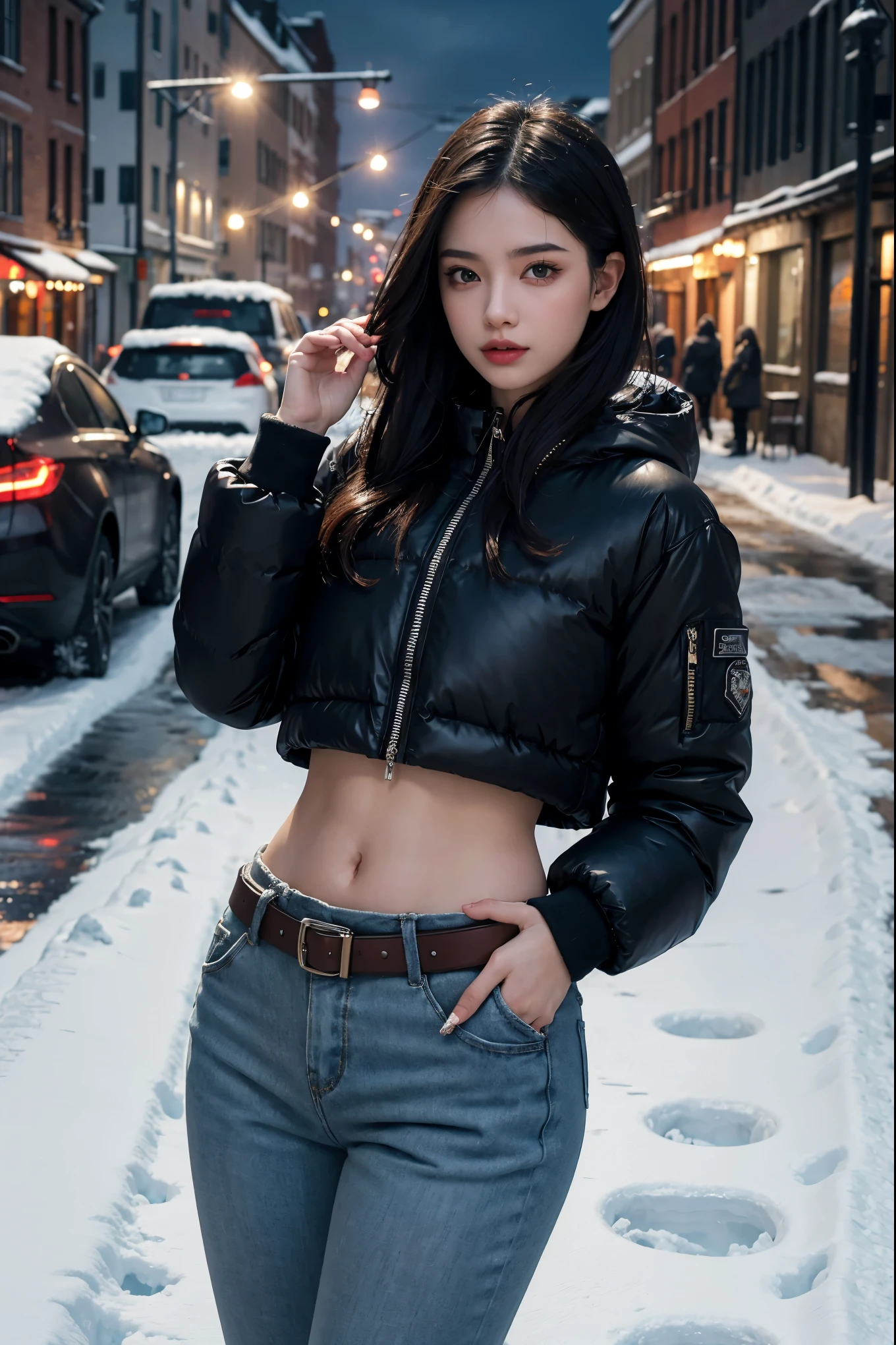 a young woman wearing a midriff-baring winter outfit,Navel down jacket, low-rise pants, and a leather belt, standing on a snowy city street, extremely detailed portrait, beautiful detailed eyes, beautiful detailed lips, extremely detailed face, long eyelashes, highly realistic, photorealistic, 8k, cinematic lighting, dramatic cold color tones, moody atmosphere, winter landscape, snow, street, buildings