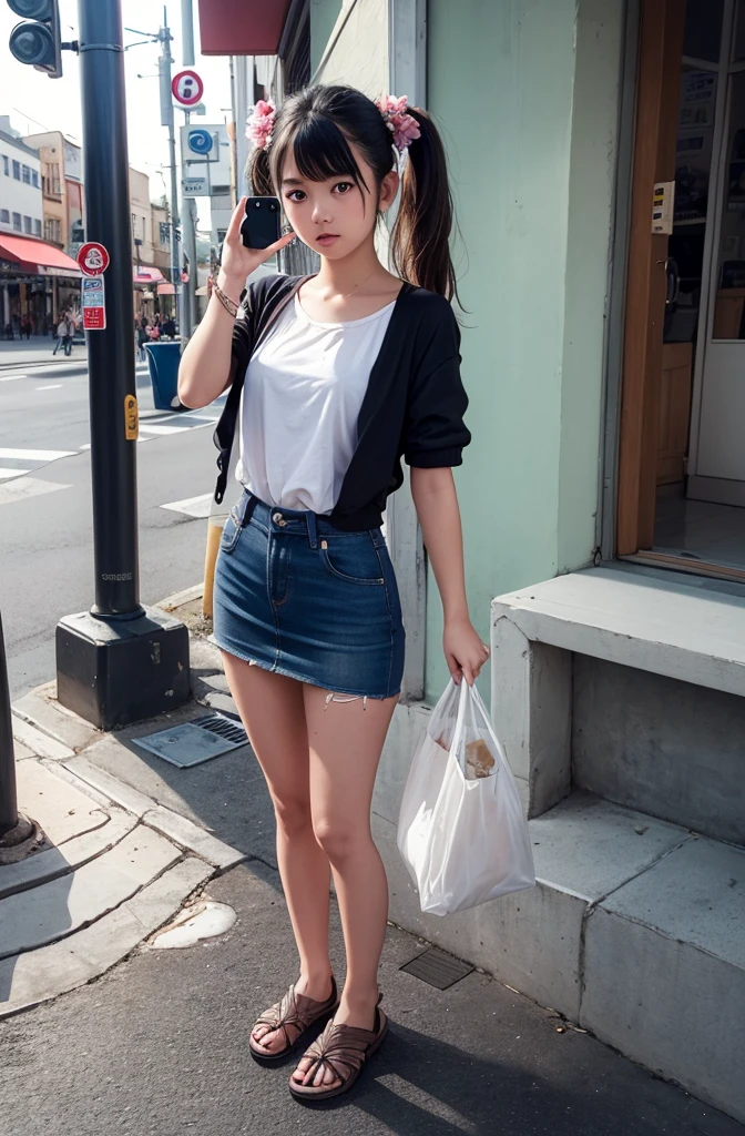 (Masterpiece:1.3), (8ก, Virtual image, raw photography, Highest picture quality: 1.4), 1 very beautiful girl, Smile with beautiful white teeth, Tie your hair, Hair clips, The crown is in front of the head., Breast cleavage:1.2、Highly detailed face、eye for details、Double eyelids、Gather your breasts together....、Sharp focus:1.2、beautiful woman:1.4、light brown hair、Highest quality、Masterpiece、Ultra high resolution、(Virtual image:1.4)、Highly detailed and professional light smile, White tee shirt, shorts, golf hat, white sneakers, The legs are slender and white., Carrying a crossbody bag,Serious position,Shopping Street,The background is blurred.