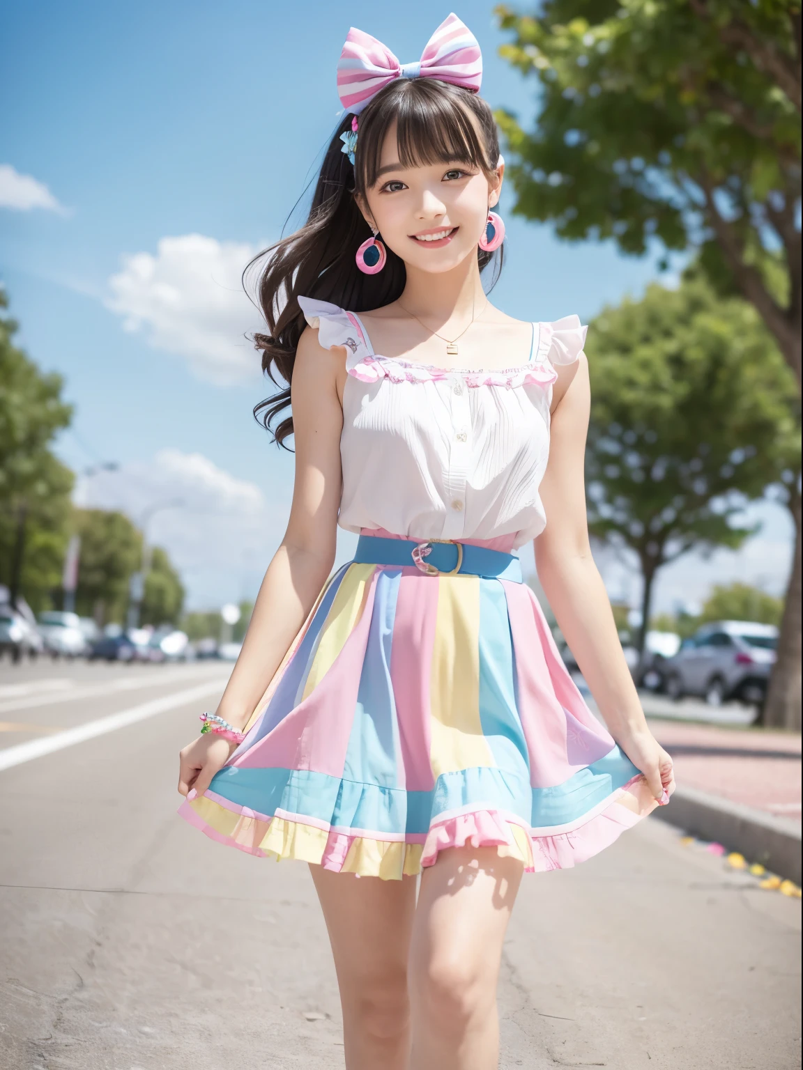 (high quality,high resolution,4k,UHD:1.4,photorealistic:1.2), a young woman in a colorful, pastel-colored outfit with a cute and playful style, standing against a background of vertical pink and blue stripes. She is wearing a pink dress with a white belt, and the skirt has multicolored accents and a frilly hem. She has a ribbon in her hair and colorful accessories on her wrist. The woman is posing with a cheerful expression, holding her hair with both hands, and wearing white platform shoes with bows.