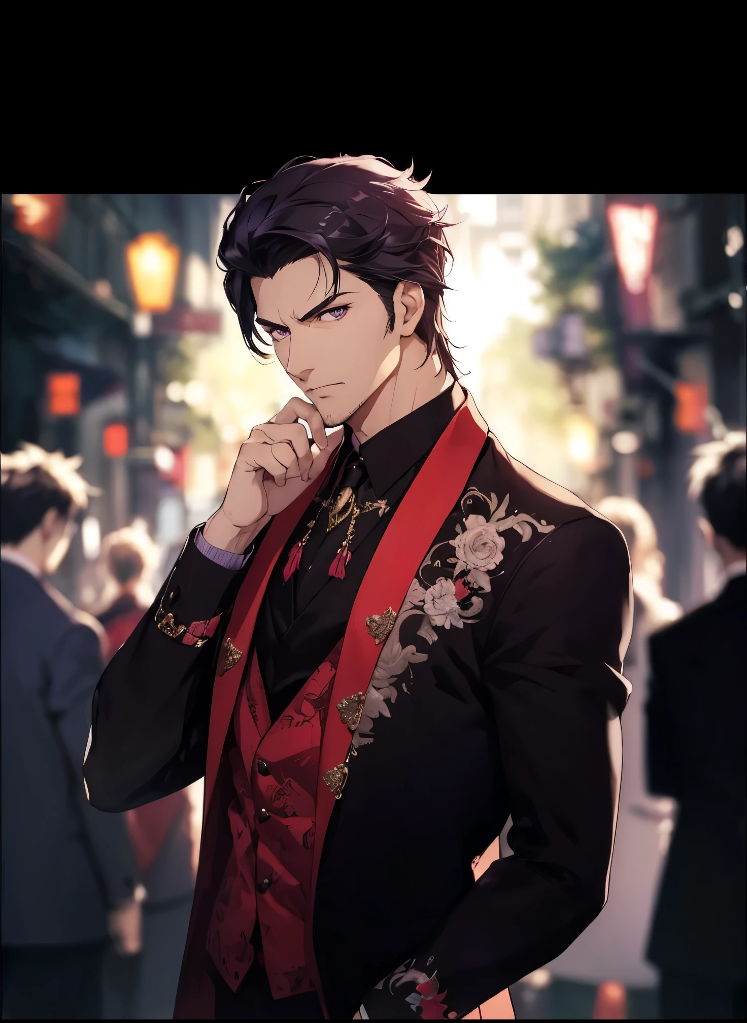 1man, handsome, 35 years old, purple eyes, black hair, wearing suit, evil, masterpiece, 4k, top quality, highly detailed, official art