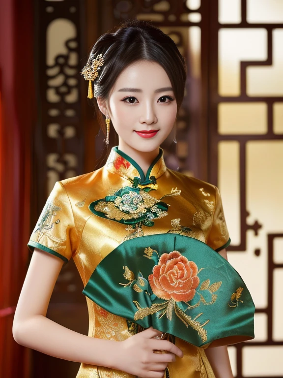 woman 25 years old, I pulled my hair up into a ponytail.,  Chest circumference 36 inches,In a black and gold dress Various action poses, Cheongsam, Chinese dress, Chinese style, Chinese dress, traditional chinese, with ancient Chinese clothes, traditional chinese clothing, blue silk clothes, black and red, Wear a luxurious silk dress., Chinese woman, Tailoring a suit according to tradition, Dark gold clothing, Chinese girl, traditional outfit, wearing a red Cheongsam ภาพ 3D, 8k, High Definition Anime