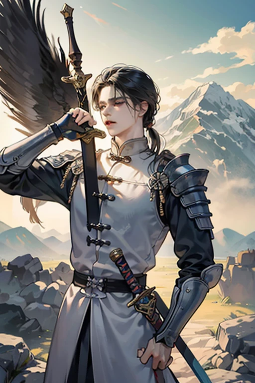 two young men in chinese armor walking down a path with mountains in the background, from word of honor, still from a series, still from a fantasy series, the rider carries a large sword, scene from live action series, the great wall, alessio albi and shin jeongho, mongol, film still dnd, chinese armor, wuxia