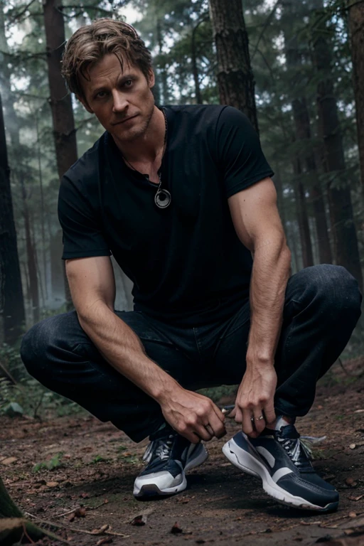 Gideon Emery, Deucalion, Teen Wolf, 40 years old, light brown blonde hair, short and messy, blue eyes, black short-sleeved dress shirt, dark black jeans, black tennis shoes, wolf pendant, white wolf print. Forest background with fog aura around black color.