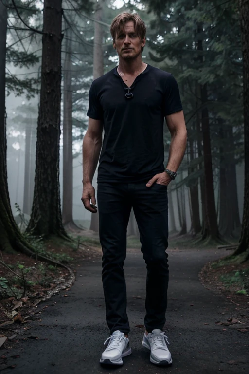 Gideon Emery, Deucalion, Wolf, 40 years old, light brown blonde hair, short and messy, blue eyes, black short-sleeved dress shirt, dark black jeans, black tennis shoes, wolf pendant, white wolf print. Forest background with fog aura around black color.