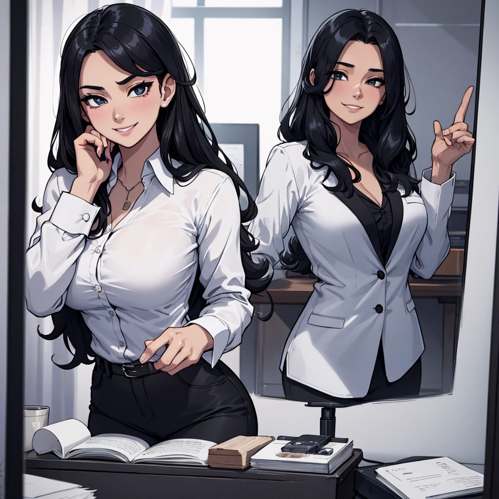 it was something along the lines of sexy female teacher looking in a mirror, she's touching her face with her hand, wearing a black blazer, with a white shirt underneath, she has  a grinning expression