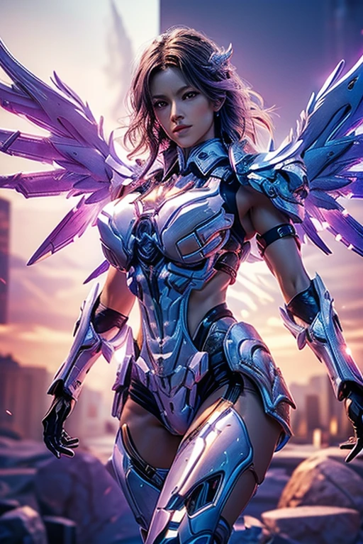 8k, 。.............3D, Realist, Ultra-microphotography, highest quality, Ultra-fine CG Unity 8k,Beautiful woman, Beautiful Face, Huge boobs, rgb, white, air, purple, Mecha Armor Full Gear, (last), (Neckline), (a pair of large wings), transparent, High Leg, Sexy Body, Muscular Abs.