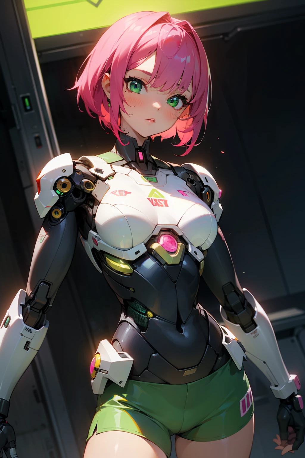 Girl, cyborg, hot pink hair, green eyes, metallic short pants