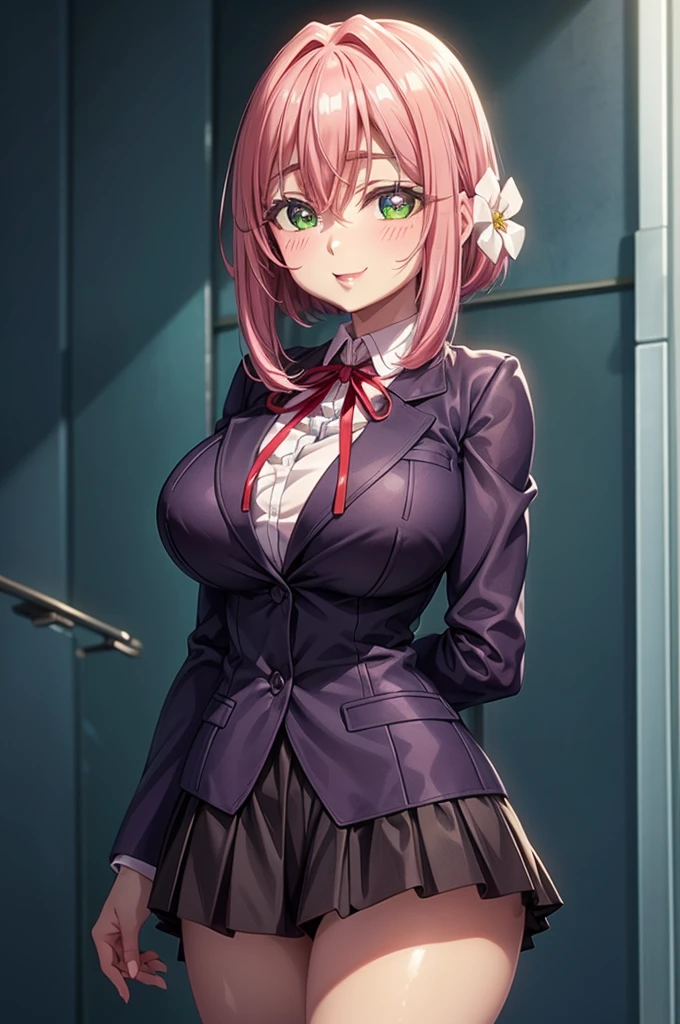 best quality, masterpiece, extremely detailed CG, extremely detailed 8K wallpaper, standing HDR ,white panties, arm under breasts, 1girl,solo,hair flower, pink hair, hair ornament ,bangs ,hair between eyes, green eyes, bright pupils, hair intakes, short hair, sidelocks, white flower, , collared shirt, red ribbon, neck ribbon, white shirt, purple jacket, huge breasts, shirt ,long sleeves, pleated skirt, miniskirt, purple skirt ,thick thighs,, Exquisite visuals, high-definition, masterpiece, best quality,, 18yo,Young female ,Beautiful Fingers, Beautiful long legs, Beautiful body, Beautiful Nose, Beautiful character design, perfect eyes, perfect face, expressive eyes, looking at viewer, kind and loving smile, official art, extremely detailed CG unity 8k wallpaper, perfect lighting, Colorful, Bright_Front_face_Lighting, shiny skin, anime style, blushing, hands at side