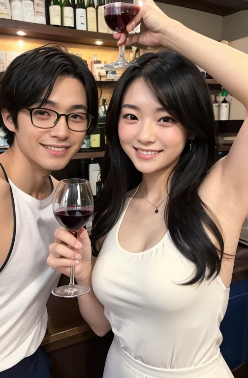 A man and a woman drinking at a bar、Cheers、The man is a 25-year-old Japanese man.、short hair、Curly Hair、Wearing glasses、smile、Untrusted、Navy blue jacket、Underwear is a white T-shirt、Holding a wine glass with red wine、Raise your arms、Wearing black pants、The woman is an 18-year-old Japanese woman with black hair.、Long Hair、smile、Baby Face、No sleeve、White Dress、holding a wine glass filled with white wine、She has a wine glass、Holding hands up to show armpits.