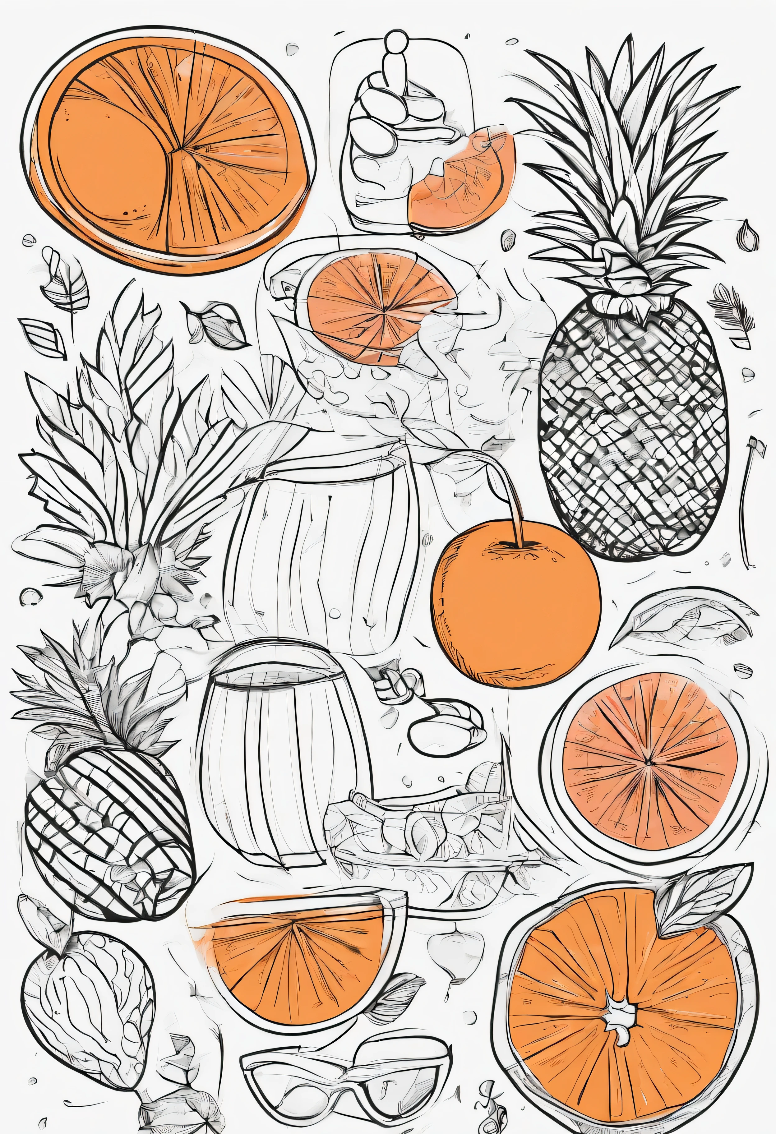 create a line art coloring page of single fruits like oranges, sliced water melon, apple, beach trees, sunshine, sunglasses, slippers, tropical drink