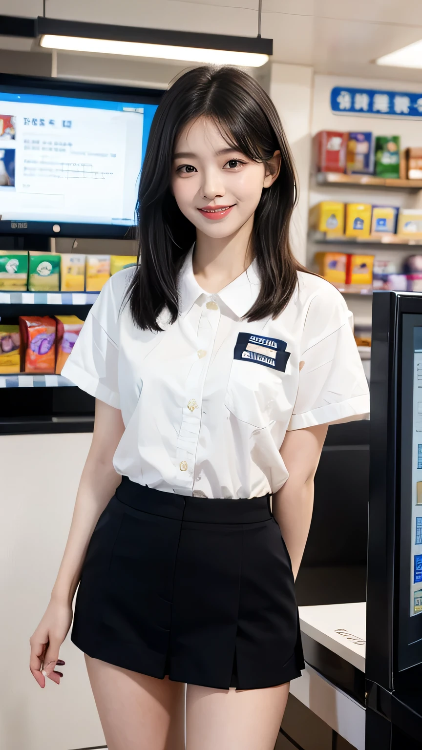 muste piece、High resolution、convenience store of the future、Convenience store clerk、16 year old female、１girl clerk、looking at the camera、smile、Finished as pictured、The cashier is also beautiful、Her skin is white and beautiful、short and beautiful hair、inner color、hair should be tied back、Clerk's uniform、