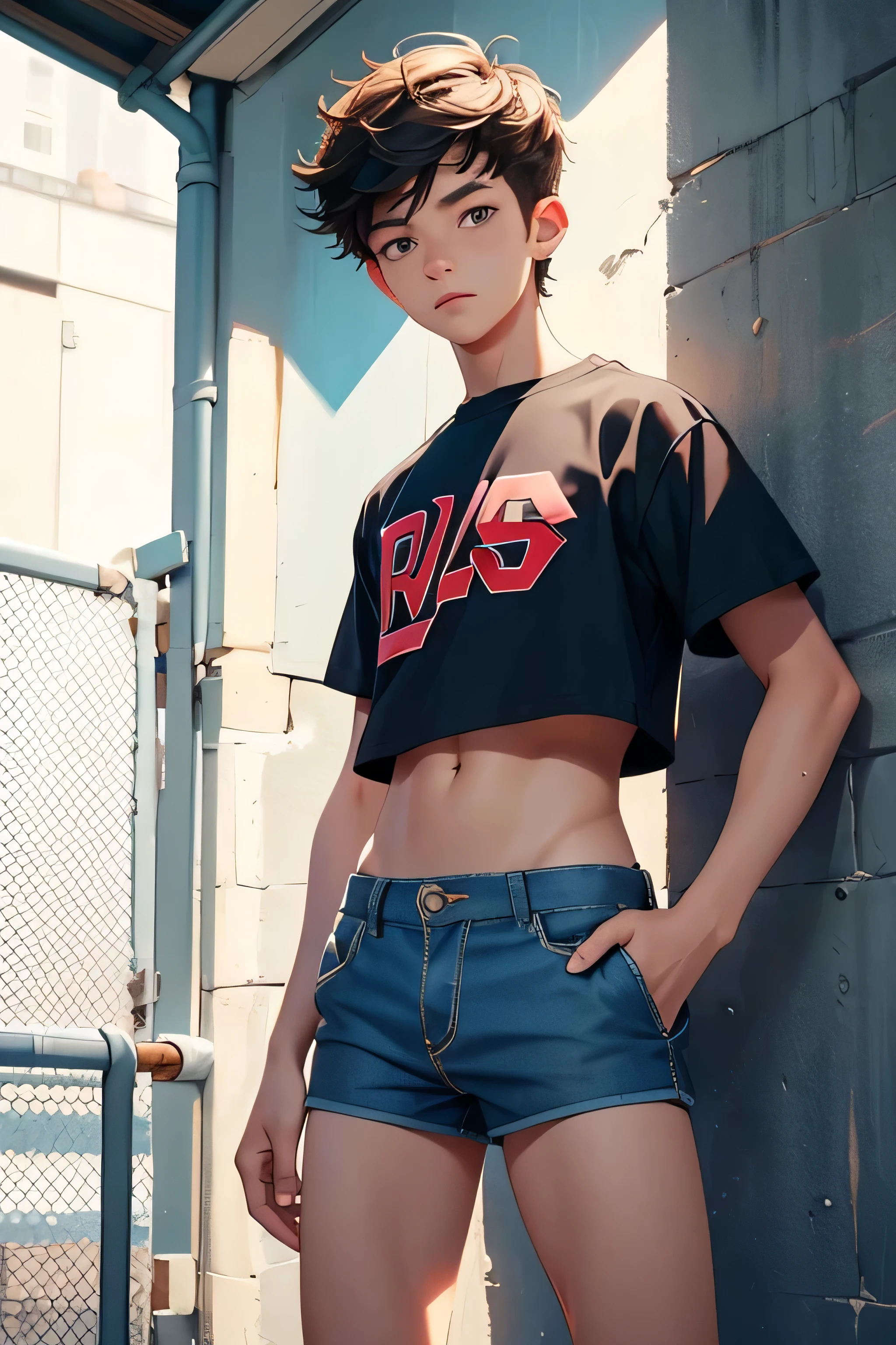 teenage boy , the boy is a handsome cute model, a teenage boy is dressed in a cropped shirt and too short mini shorts, the shorts are too short and sporty, the boy's legs are beautiful, the boy is posing flirtatiously, hot summer outfit , top quality