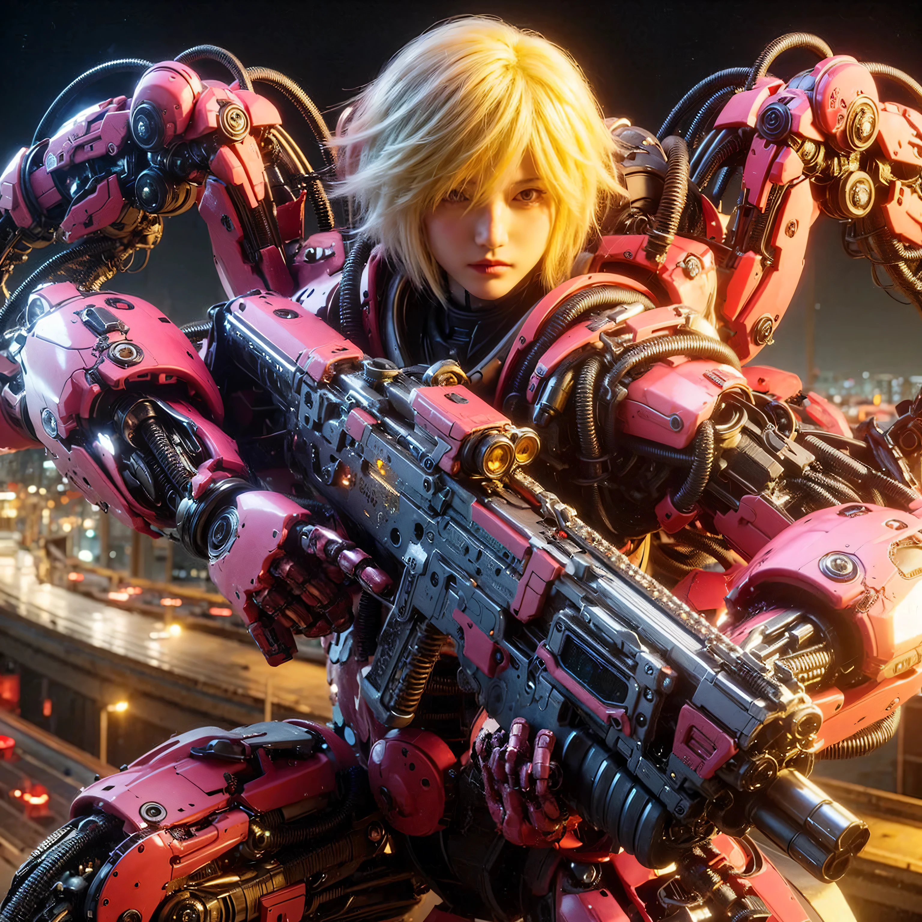 (top-quality:1.2, masterpiece), ultra high resolution, (Photorealsitic:1.4),, (bird-type mechanical heavy armor), (mechanical armor:1.3), light red base with silver and bronze accent, 1 Japanese female soldier, extremely realistic face, (blue hair), ((ultimately intricate all details)), (whole body picture), realistic shadow, octan render, 8K, ultrasharp, character edge light, Details of complex ornaments, Hydraulic cylinder, power cable, dystopia with a beautiful view at night,