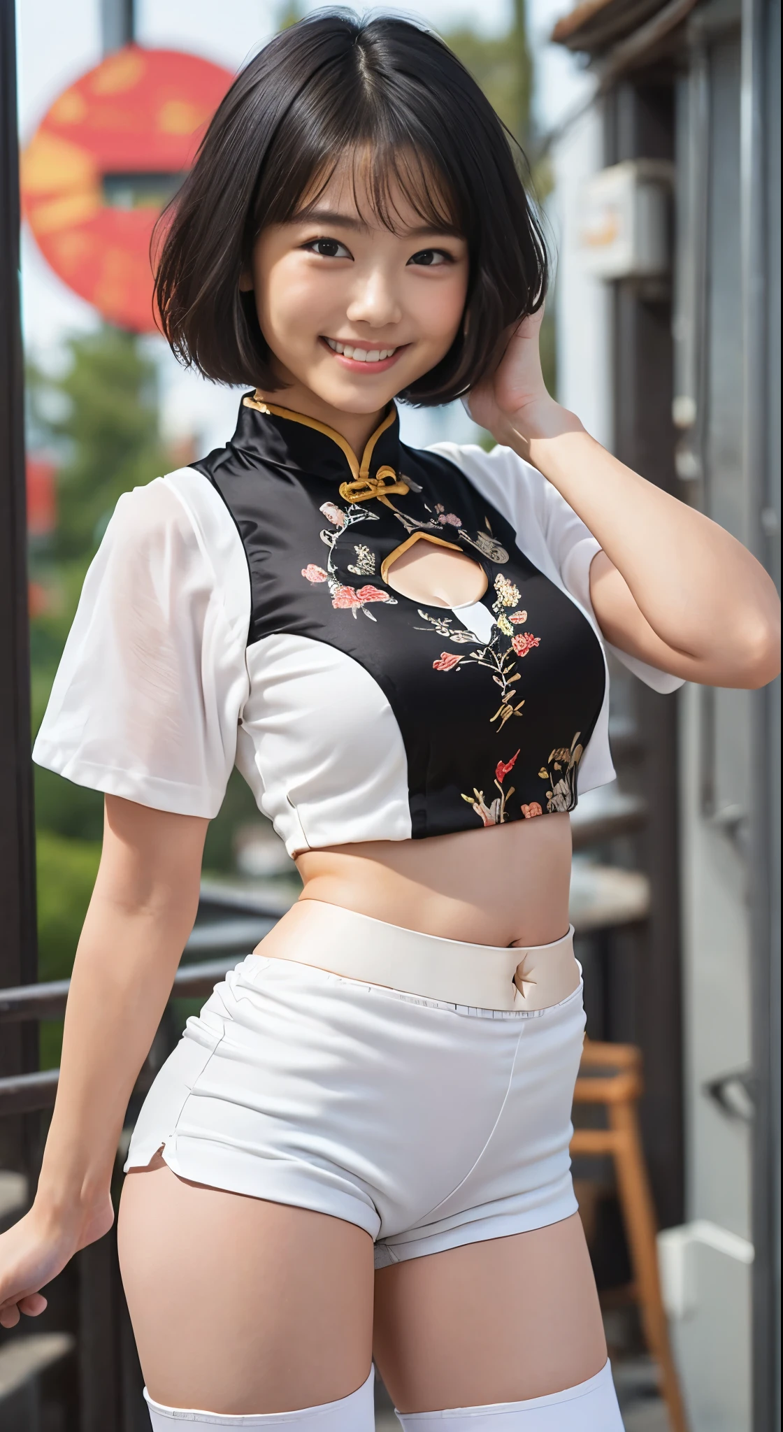 (8k、Raw photography、highest quality、masterpiece:1.2),(Black-haired、Very short hair:1.8),(ponytail:1.3)、View your viewers,Viewed from the front,White skin,(Chinese clothing:1.4)、(Tight waist:1.6)、(Clothes that accentuate the shape of the breasts:1.0)、(Big Breasts :1.3)、Slim figure、Ultra-high resolution,beautiful,beautiful fece,(one person、No background:1.9),whole bodyボディー,Japanese women,(reality的:1.37)、Photon Mapping,reality、(Baby-faced and cute: 1.4)、(Cute Smile: 1.8)、(Round face: 1.8)、Radio City、Physically Based Rendering、Depth of field rally background、photograph, (I can see your knees、Very short white shorts、Thigh close-up:1.8),(:1.4),whole body、Great quality