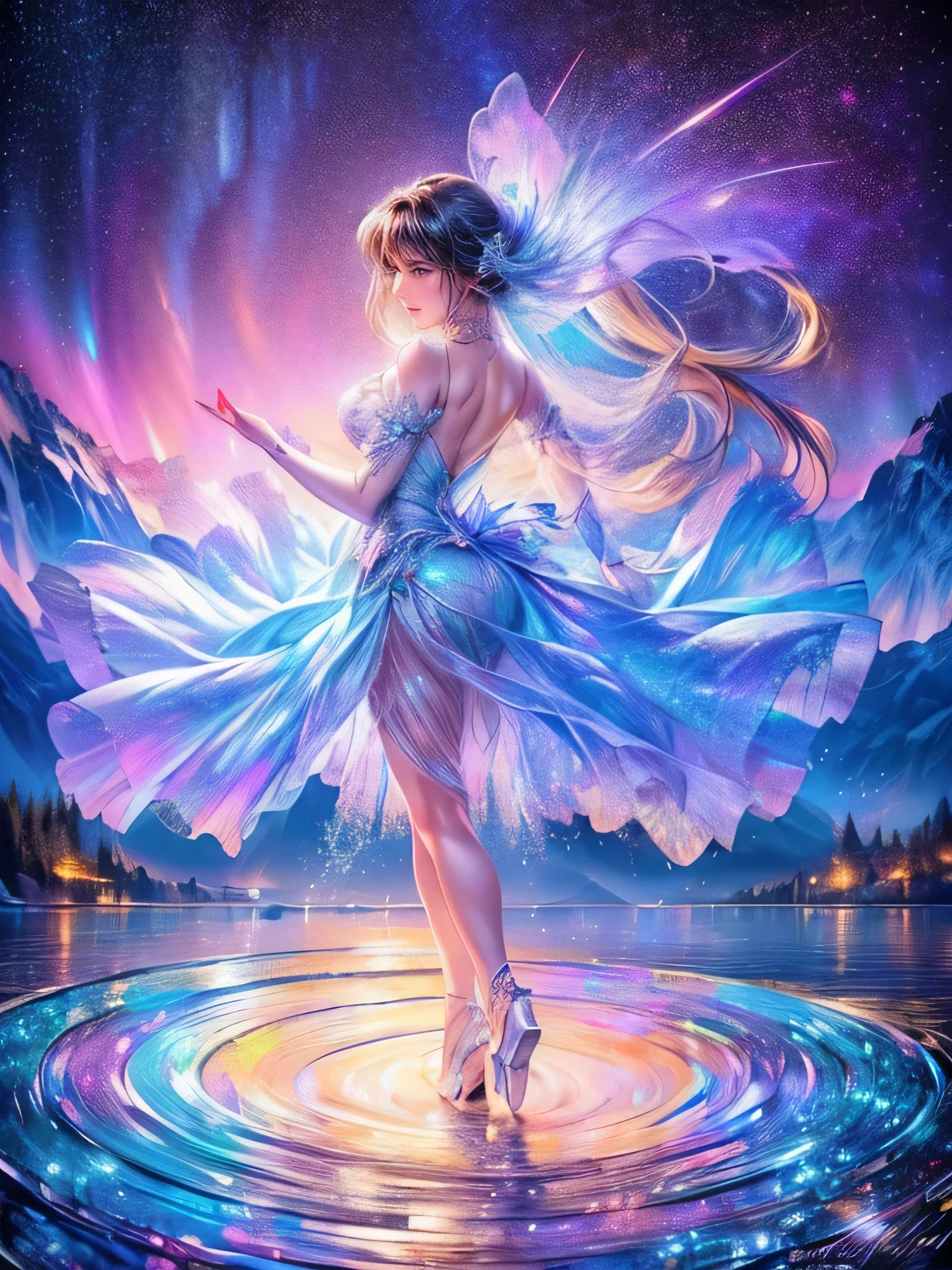 raw photo:1.2, masterpiece, highest quality, 16k, unbelievably absurd, very detailed, perfect beauty, (double exposure vibrant colors silhouette:1.3), (layered vibrant colors silhouette:1.2), (water world photo scenery), diamond dust, starry sky with aurora, flowing sheer dress, flowy long hair, (lake:1.2), (realistic photo scenery), (starlight), (ballerina girl dancing,romantic tutu), 