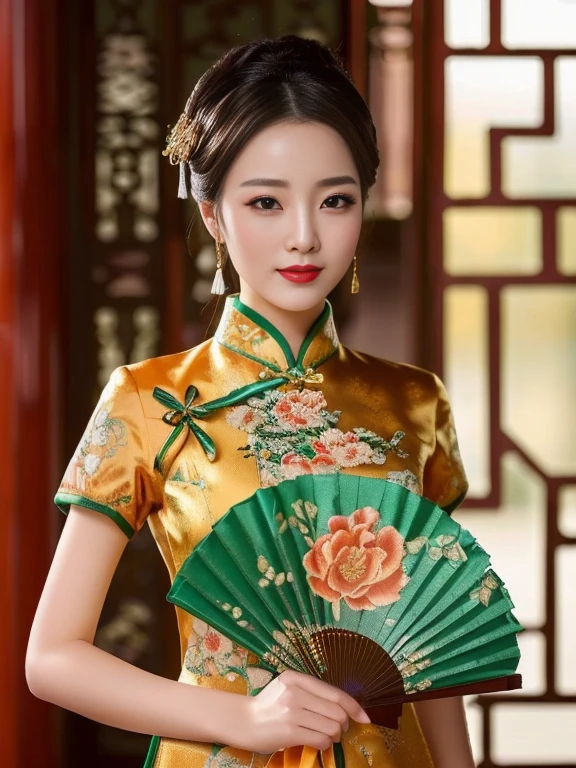 woman 25 years old,Plump figure, firm flesh, I pulled my hair up into a ponytail., Chest circumference 36 inches,In a black and gold dress Various action poses, Cheongsam, Chinese dress, Chinese style, Chinese dress, traditional chinese, with ancient Chinese clothes, traditional chinese clothing, blue silk clothes, black and red, Wear a luxurious silk dress., Chinese woman, Tailoring a suit according to tradition, Dark gold clothing, Chinese girl, traditional outfit, wearing a red Cheongsam ภาพ 3D, 8k, High Definition Anime